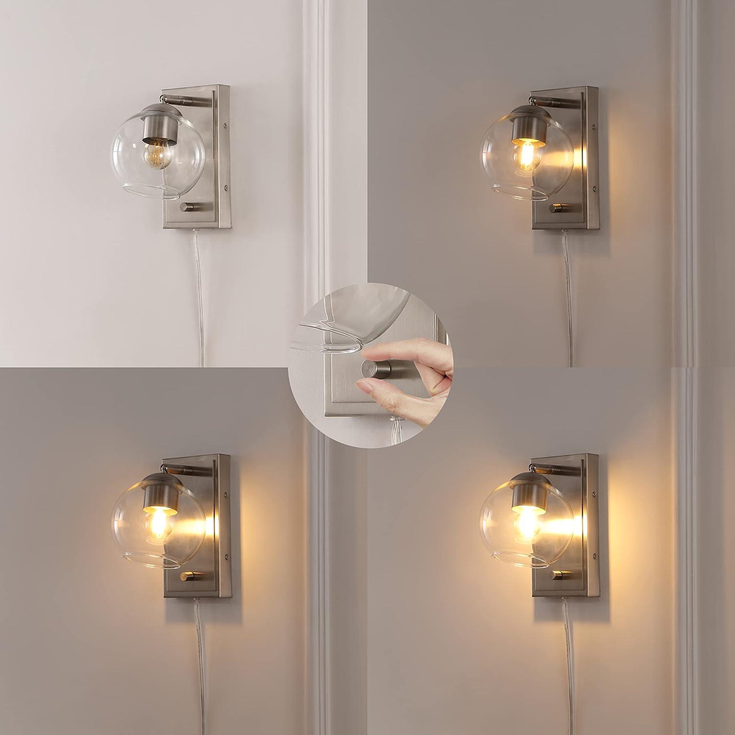 Hugo 6" 1-Light Minimalist Modern Plug-In or Hardwired Adjustable Iron LED Wall Sconce with Rotary Dimmer, Nickel with Clear Globe