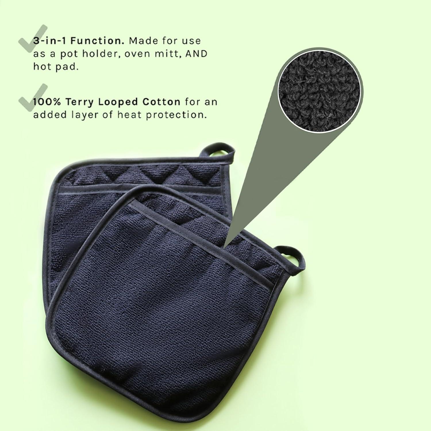 JINGYANG Premium Terry Pot Holders & Hot Pads with Pocket (2-Pack), 8.5"x7.75", High Heat Resistance, 100% Cotton, Black