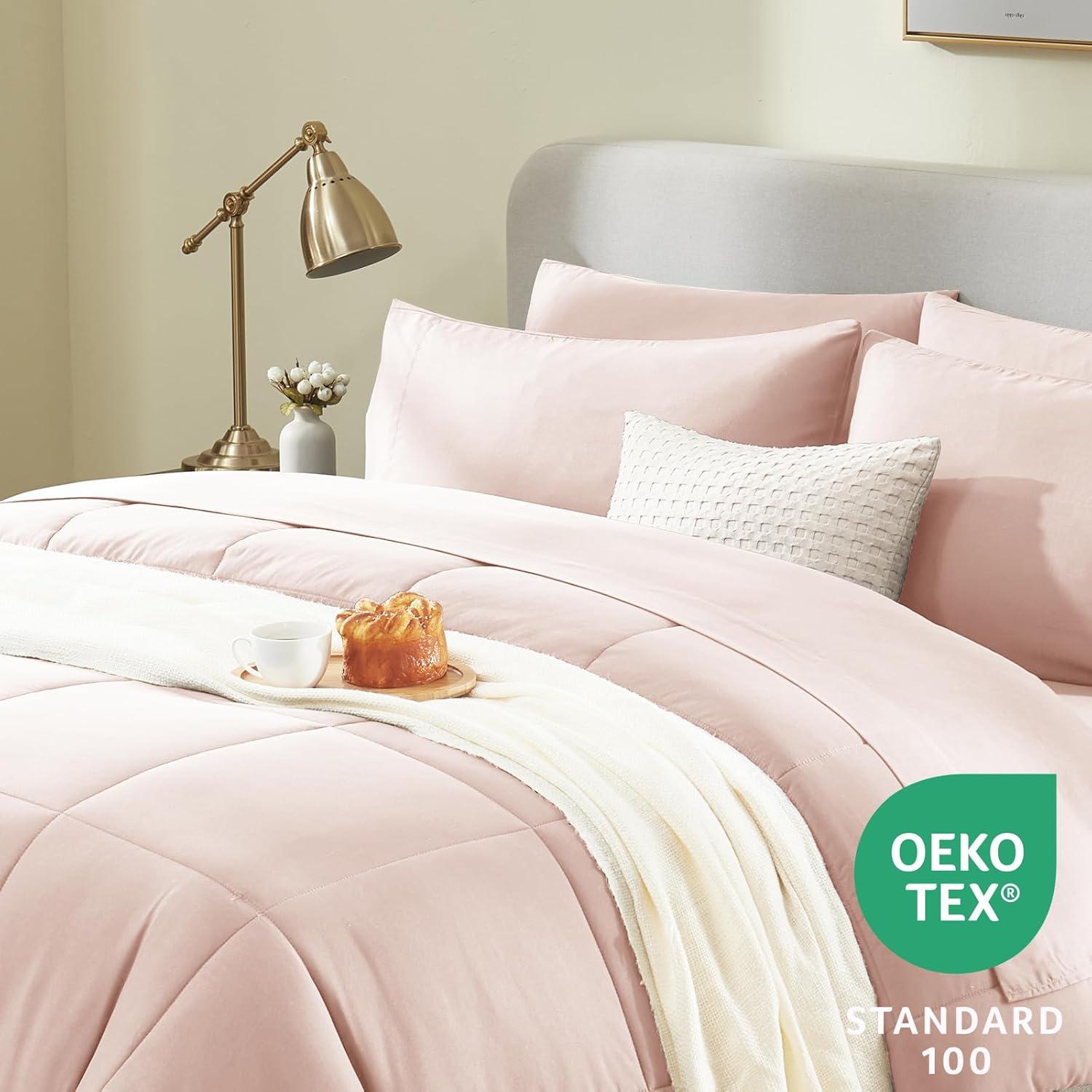 CozyLux Pink Comforter Set Queen - 7 Pieces Bed in a Bag Toddler Girls Comforter Set Teen Girl Bedding Sets with All Season Quilted Comforter, Flat Sheet, Fitted Sheet, Pillowcases, Blush Pink