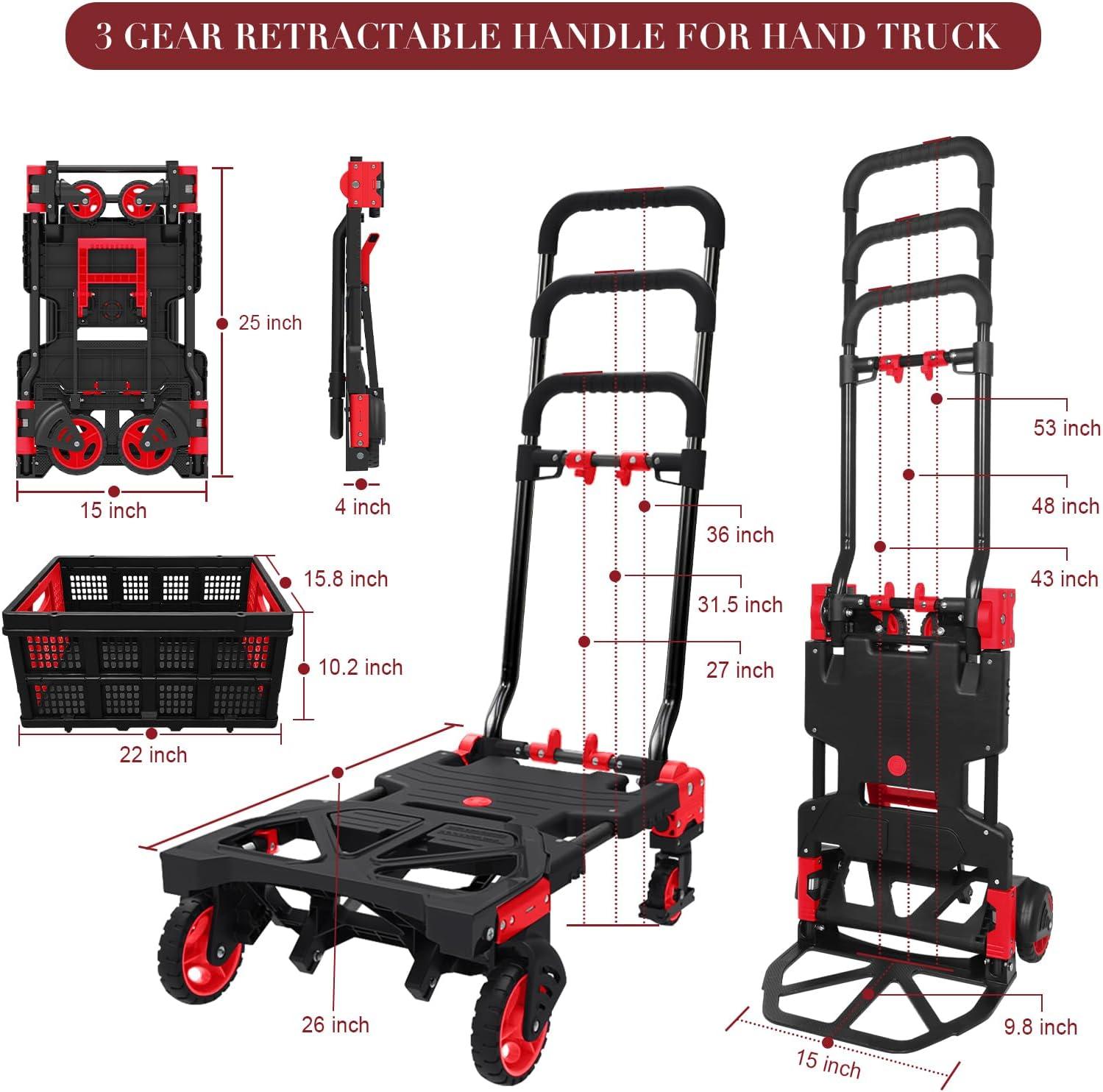 Arlopu 2 in 1 Foldable Hand Truck Dolly with Basket, 330LBS Capacity Folding Hand Cart Platform Cart Dolly with Retractable Handle, Rubber Wheels and 2 Elastic Ropes