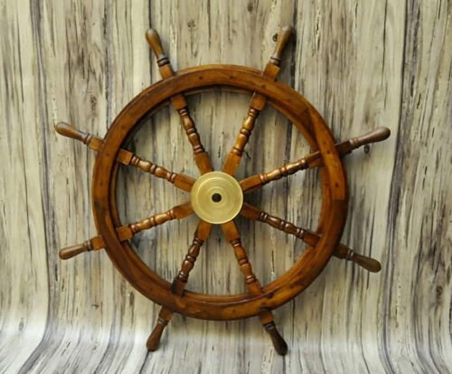 Nautical 30" Dark Brown Wooden Ship Wheel with Brass Accent