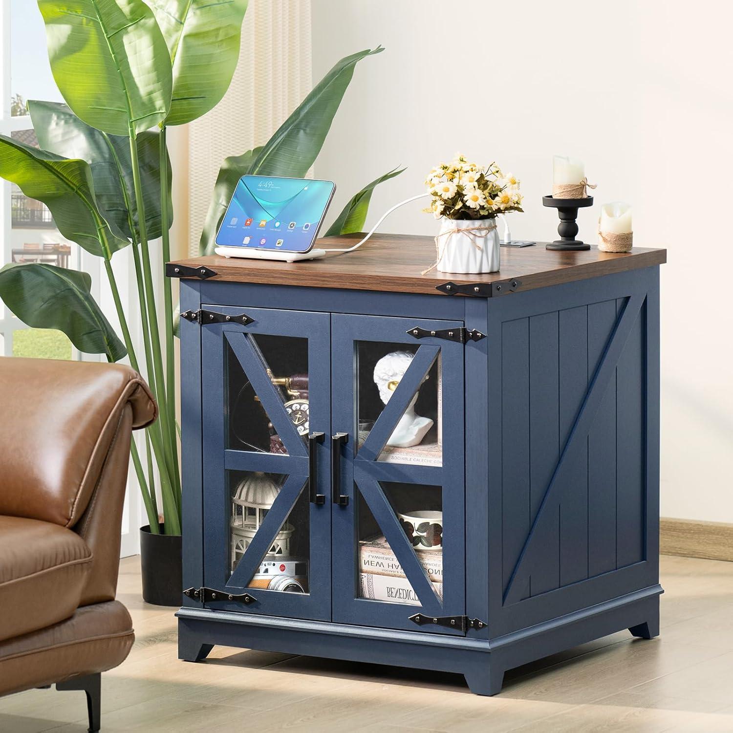 Blue Farmhouse Wood and Glass End Table with Storage