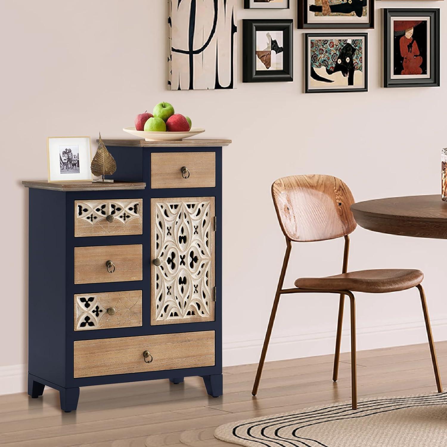 Natural and Deep Blue Farmhouse Carved Wood Accent Chest with Drawers