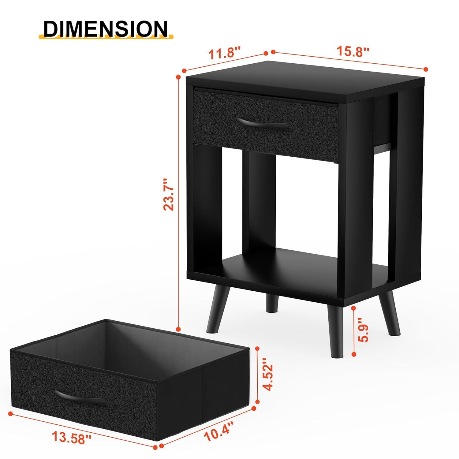 Nightstands Set Of 2 With Fabric Storage Drawer And Open Wood Shelf, Side Table With Storage For Bedroom, Bedside Tables - 23.7" H