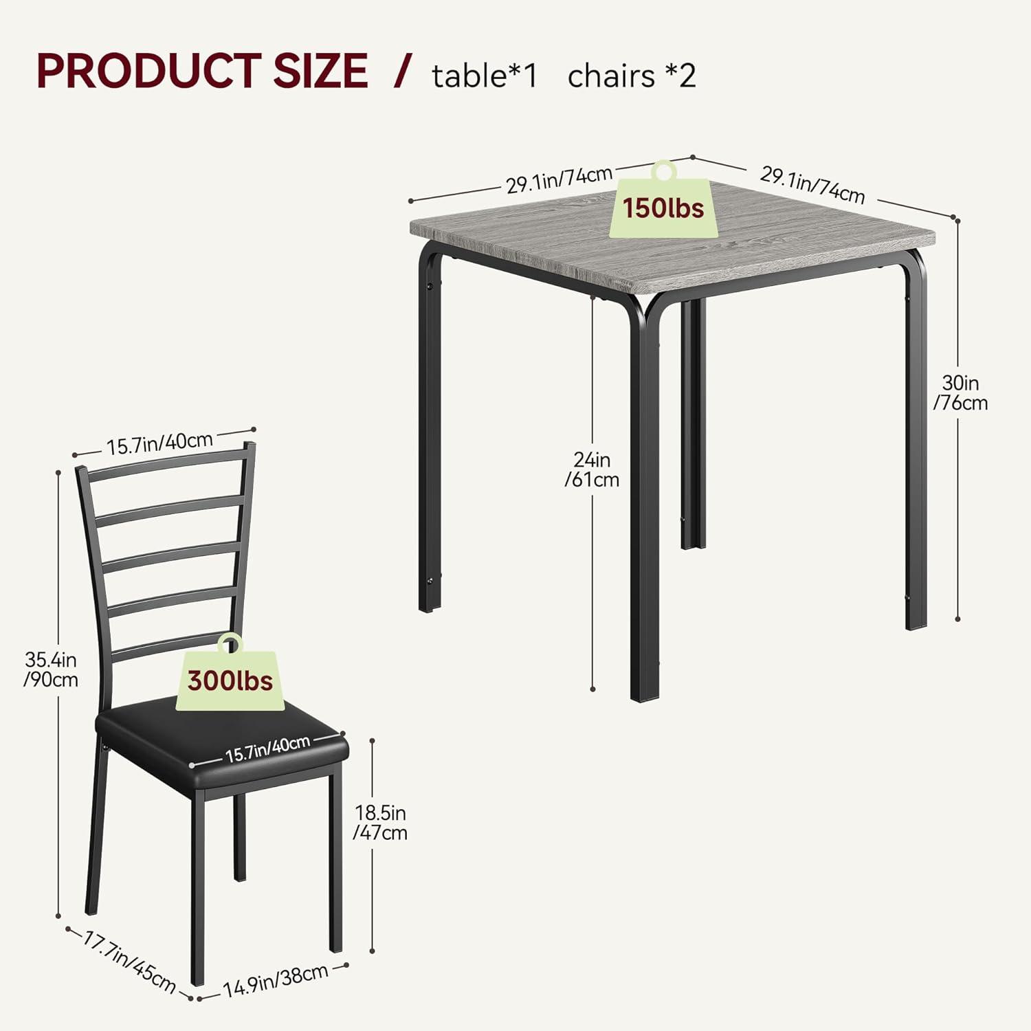 Yartaka Small Dining Table Set for 2, 3 Piece Kitchen Bar Dinette Square, with PU Padded Chairs, Gray