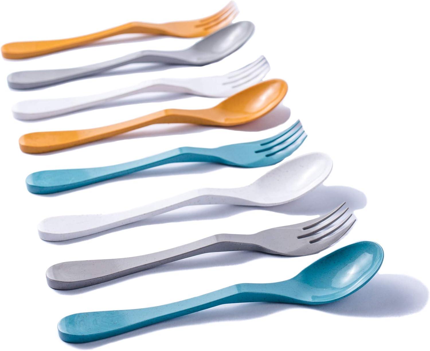 Knork Eco Reusable Bamboo Compostable Plant-Based To Go Ware, Utensil Set (4 forks 4 spoons) with Carry Case, Orange Blue White Gray, 9 Piece Set