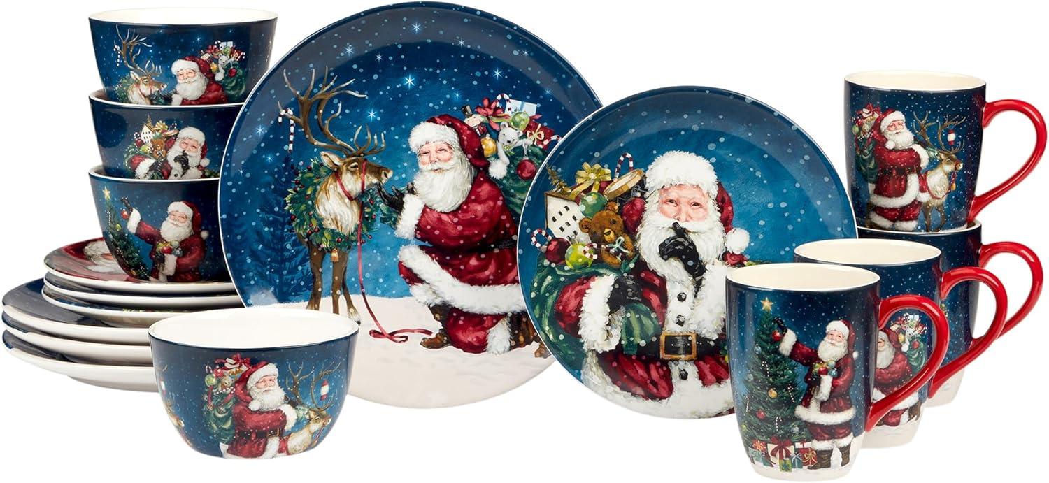 Santa's Secret 16pc Ceramic Dinnerware Set 4 Dinner 4 Dessert Plates 4 Mugs 4 Ice Cream Bowls