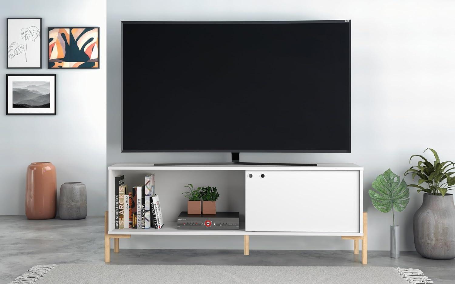 Bowery TV Stand for TVs up to 70" White/Oak - Manhattan Comfort: Mid-Century Design, Cable Management