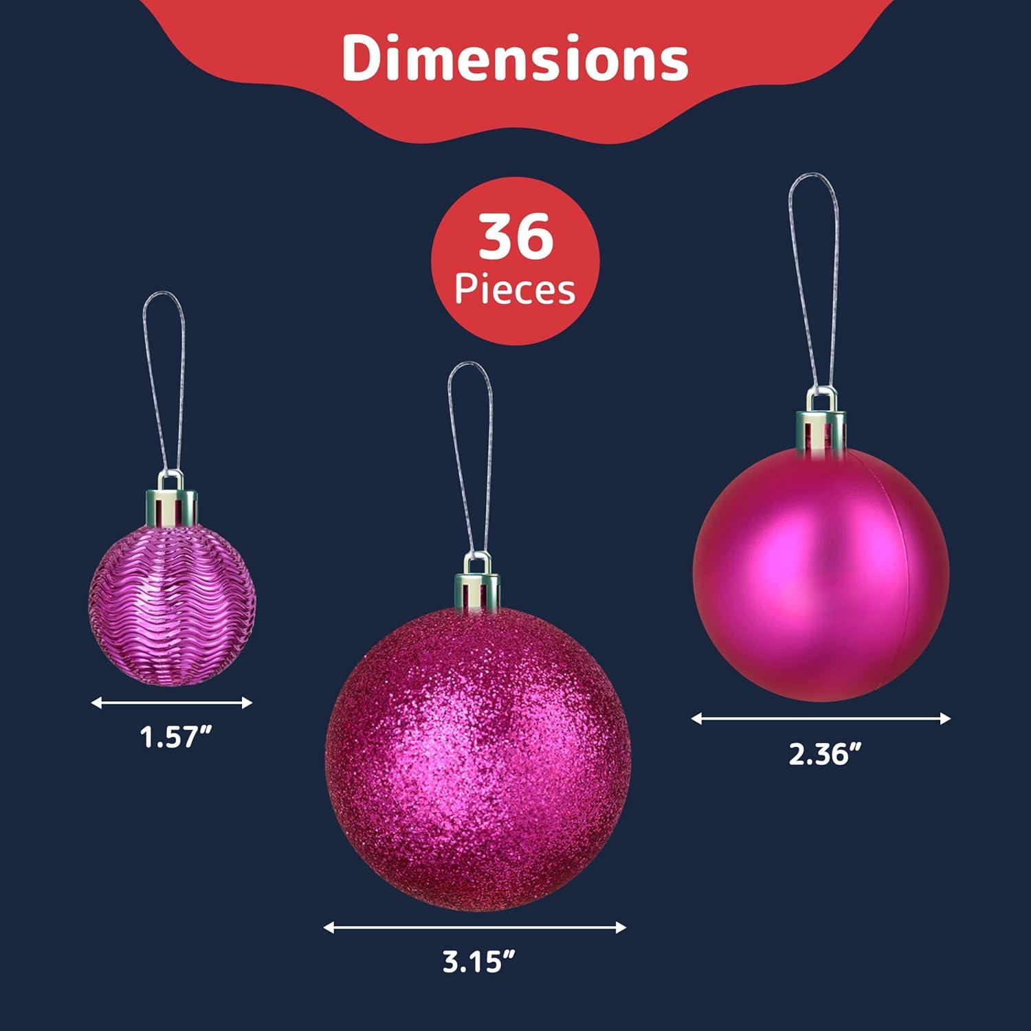 Prextex Shatterproof Christmas BalL Ornaments w/Hanging Loop for Christmas Decorations- 36 pcs, Pink