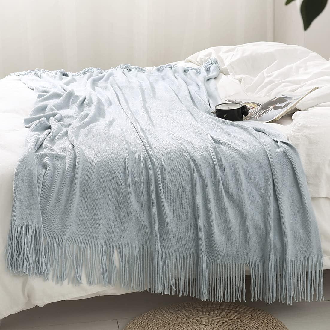 Light Blue Knitted Wool Throw Blanket with Tassels