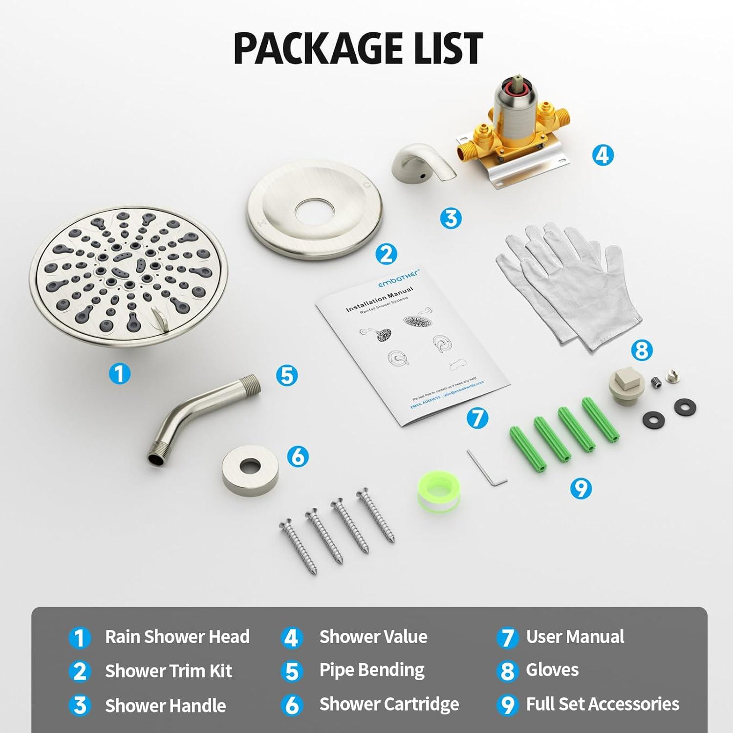 Brushed Nickel Shower Faucet Set, EMBATHER Shower Fixtures with 6 Inch Rainfall Shower Head, Single Handle Control Shower Valve and Trim Kit