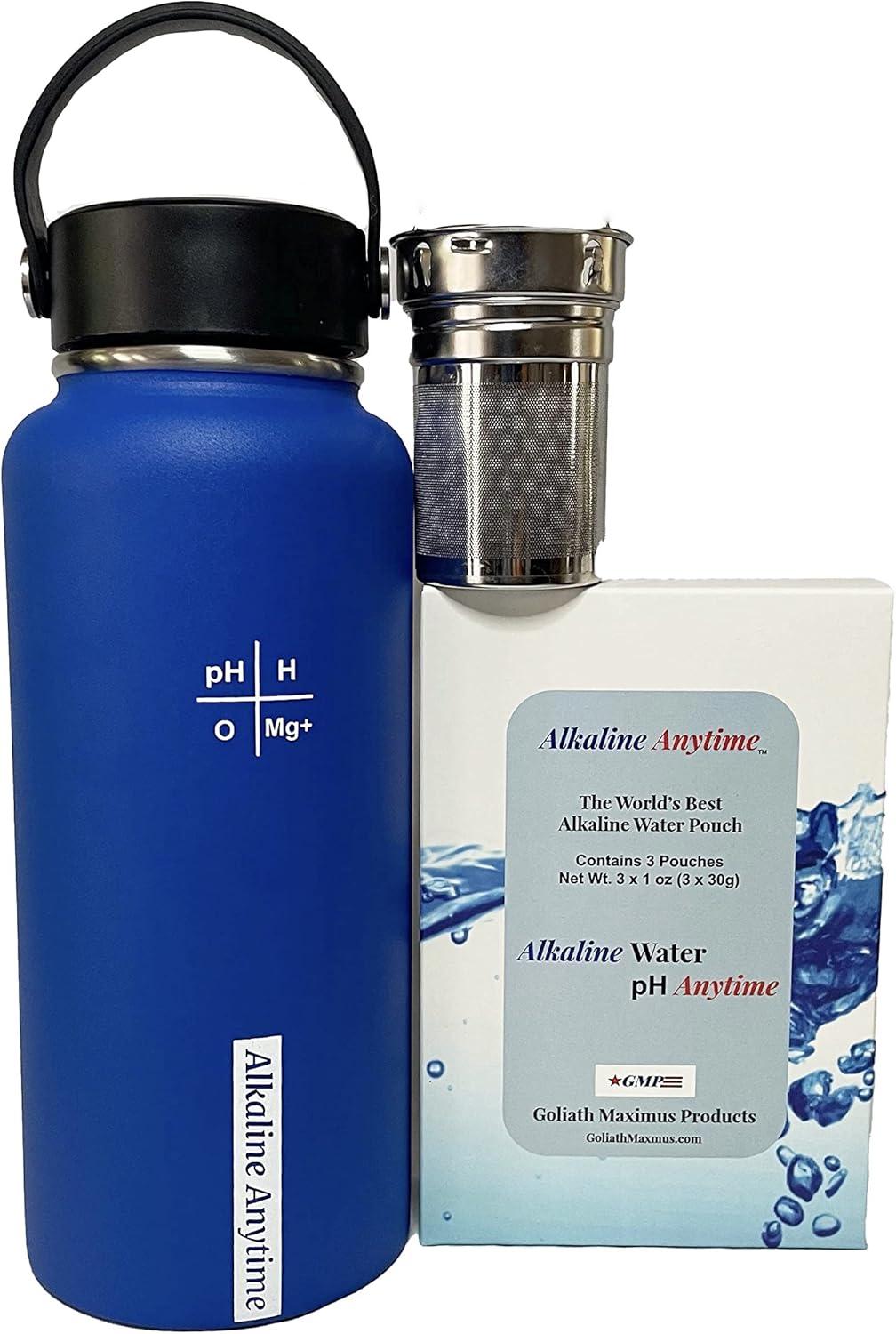 32oz. Alkaline Water Bottle Stainless Steel | Creates pH Water up to 9.5+ pH | Wide Mouth Vacuum Insulated With Handle | Micromesh Pouch and Infuser