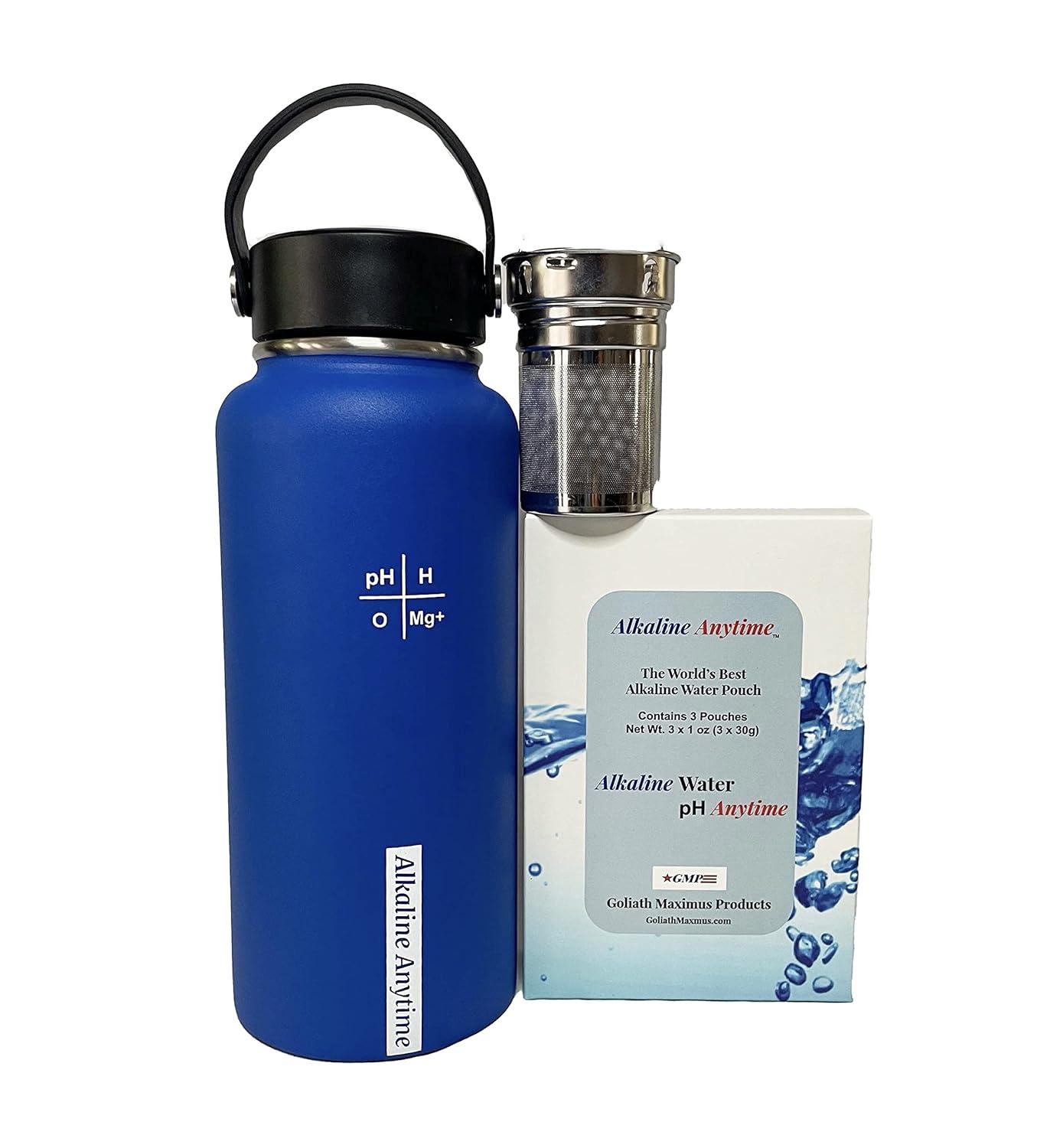 32oz. Alkaline Water Bottle Stainless Steel | Creates pH Water up to 9.5+ pH | Wide Mouth Vacuum Insulated With Handle | Micromesh Pouch and Infuser