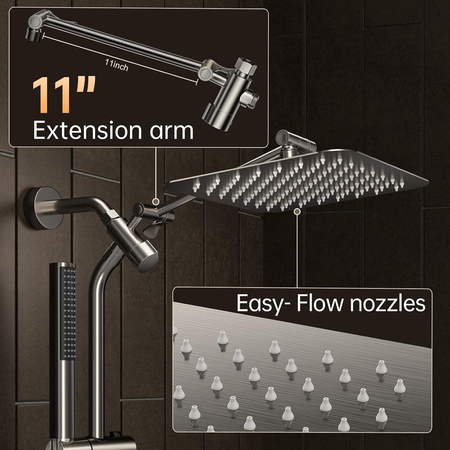 Veken Brushed Nickel Shower Head, 10'' All Metal Rain Shower Heads with Handheld Spray Combo, Hand Held Bathroom Combo with Extension Arm, Dual shower with Power Wash, Adjustable Rainfall Showerhead