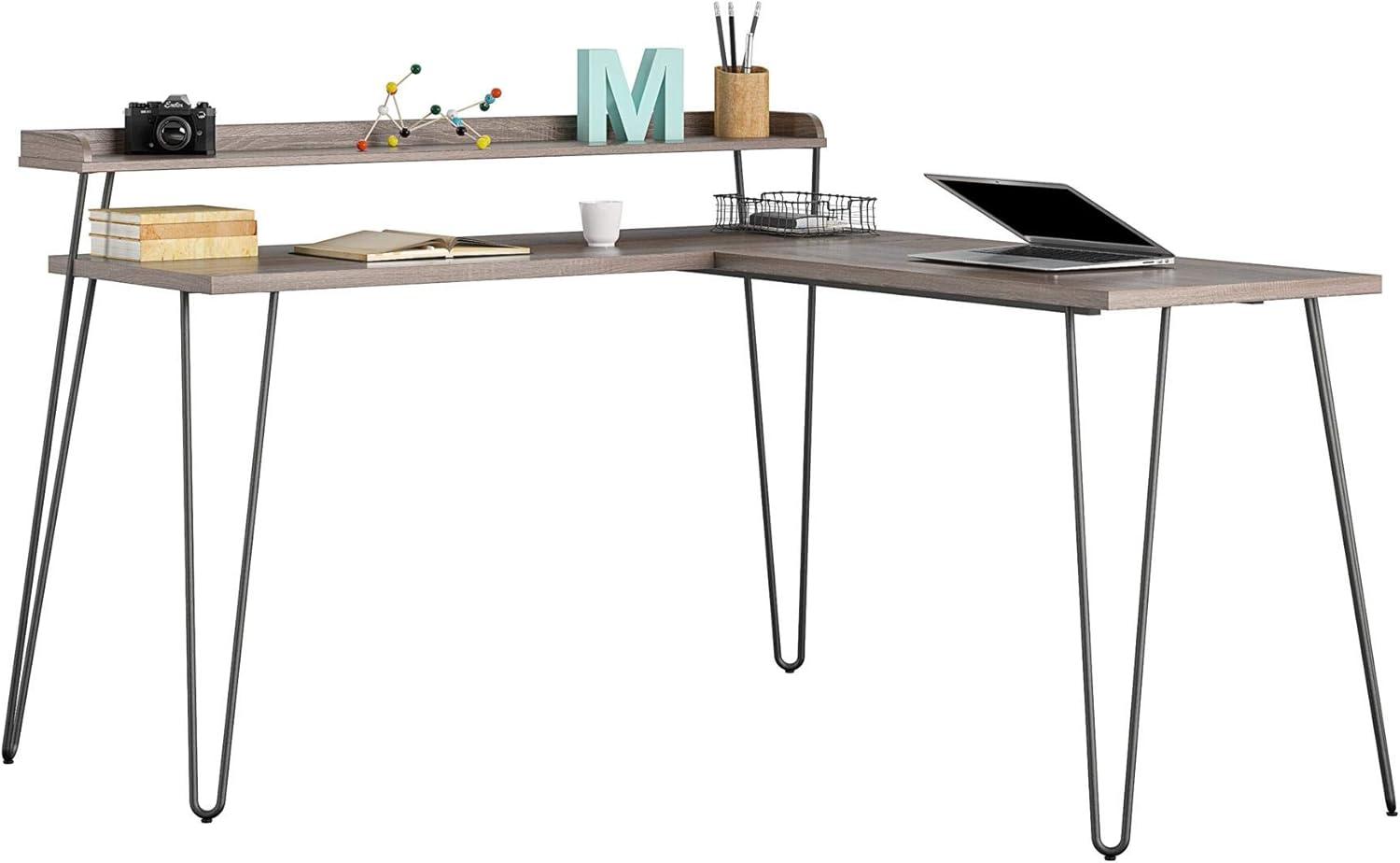 Shanewood 55.1 in. L-Shape Black Oak Computer Desk with Riser