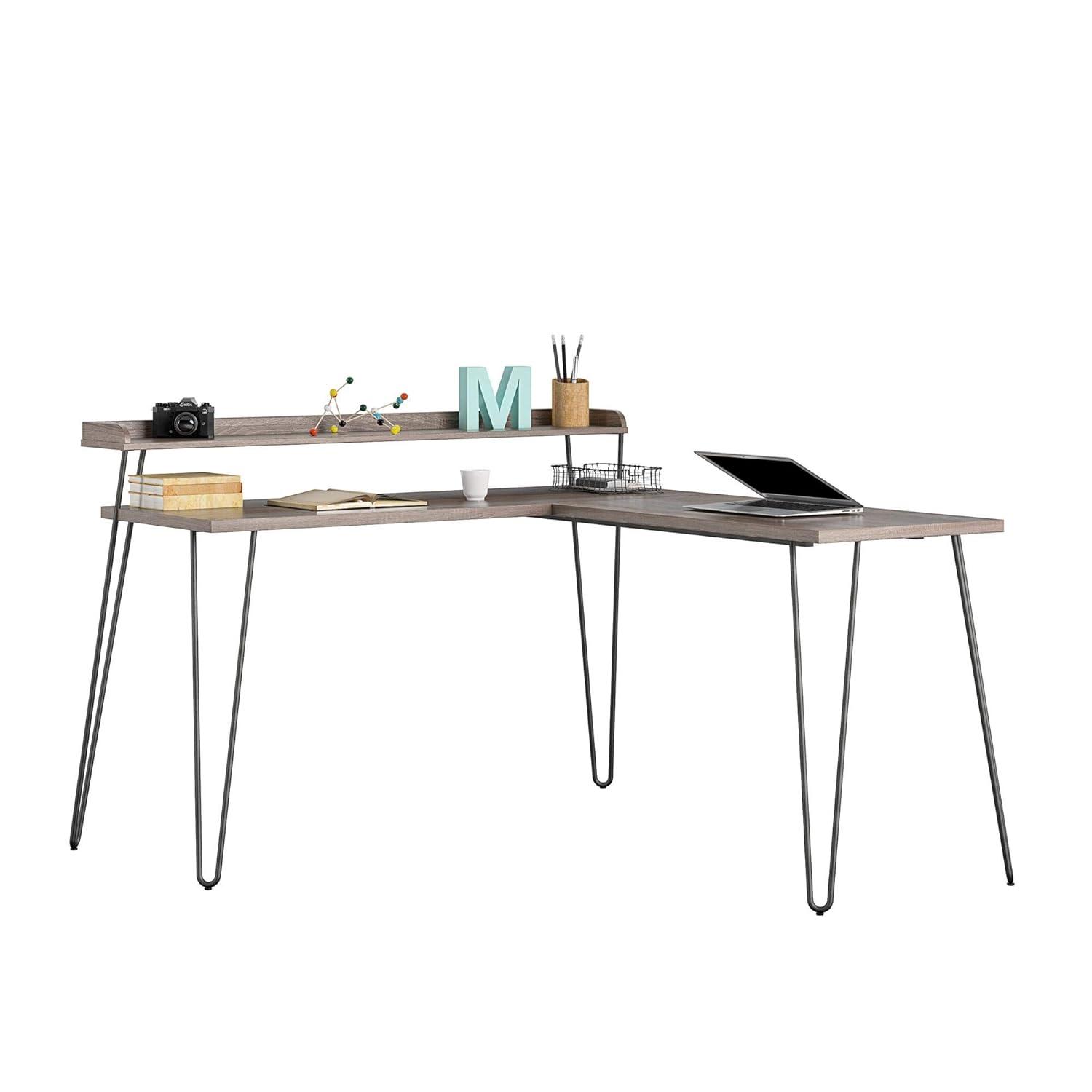 Haven L Desk with Riser, Black Oak