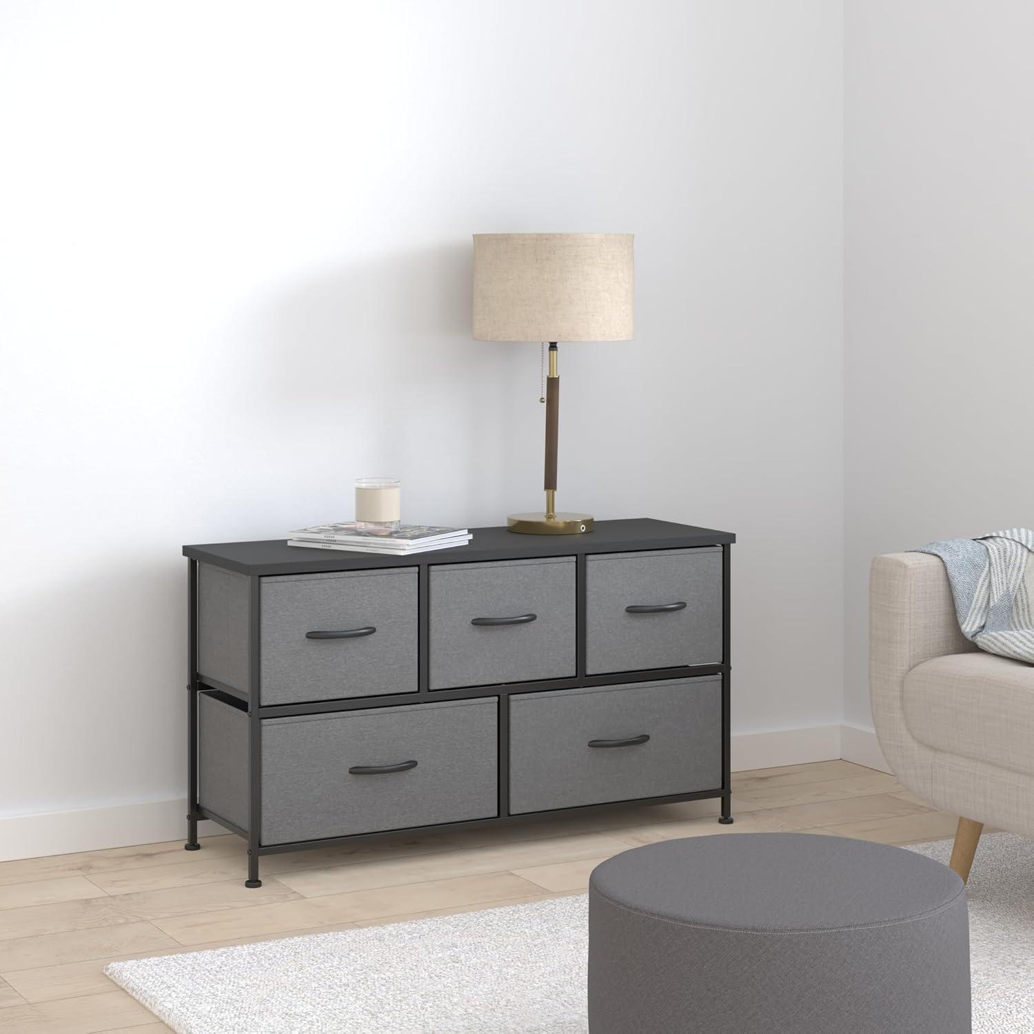 CONCETTA Dresser for Bedroom, 5 Fabric Drawers Dresser, Clothes Cabinet Storage Organizers and Wood Top Surface Table for TV, Chest of Drawers for Living Room, Hallway, Gray