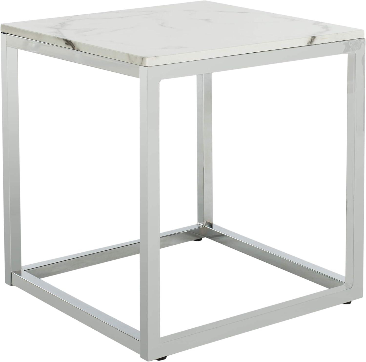 SAFAVIEH Bethany Square Modern Glam End Table, White Marble/Chrome