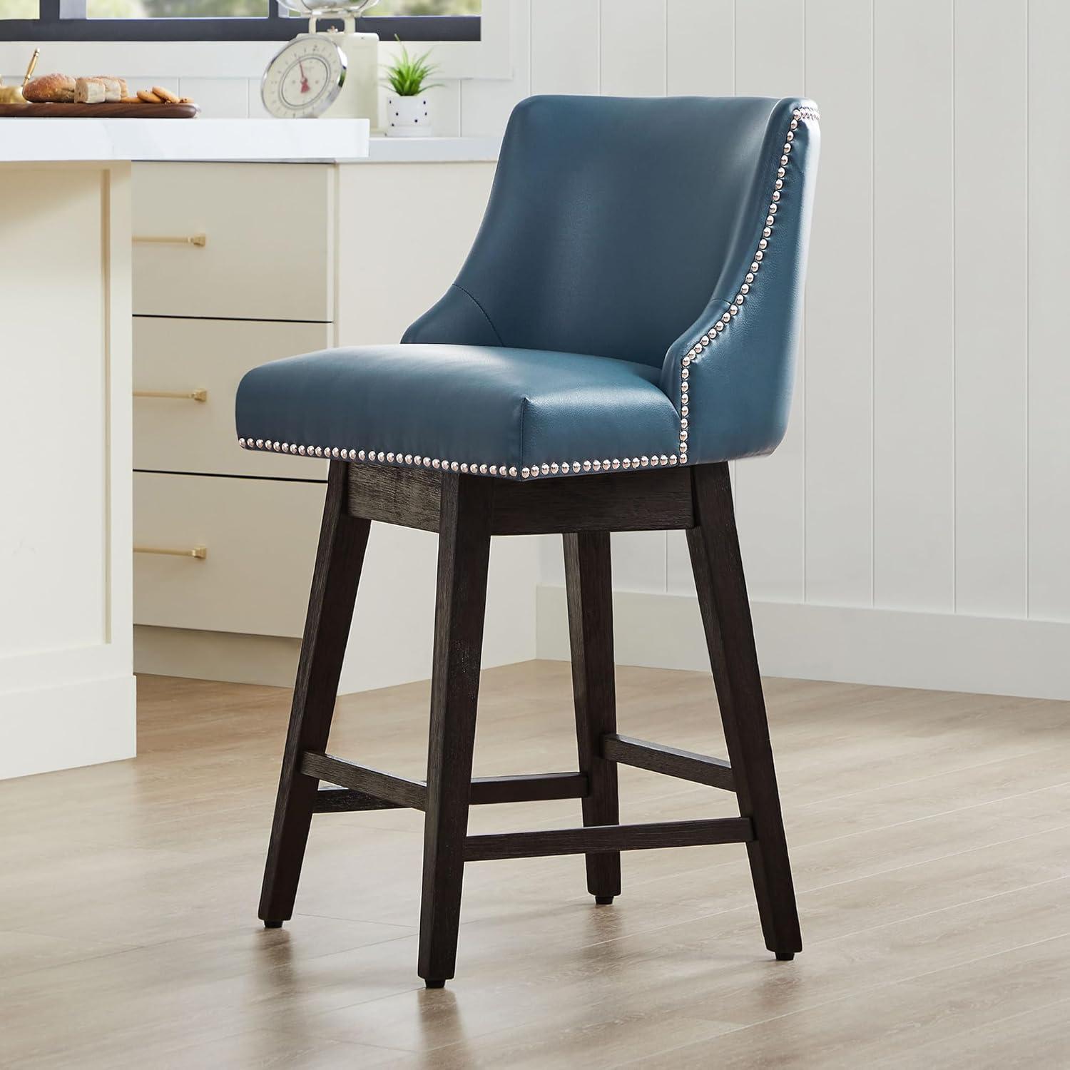 CHITA 26 in Upholstered Swivel Counter Bar Stools with Back&Wood Legs Set of 2, Faux Leather in Dark Blue
