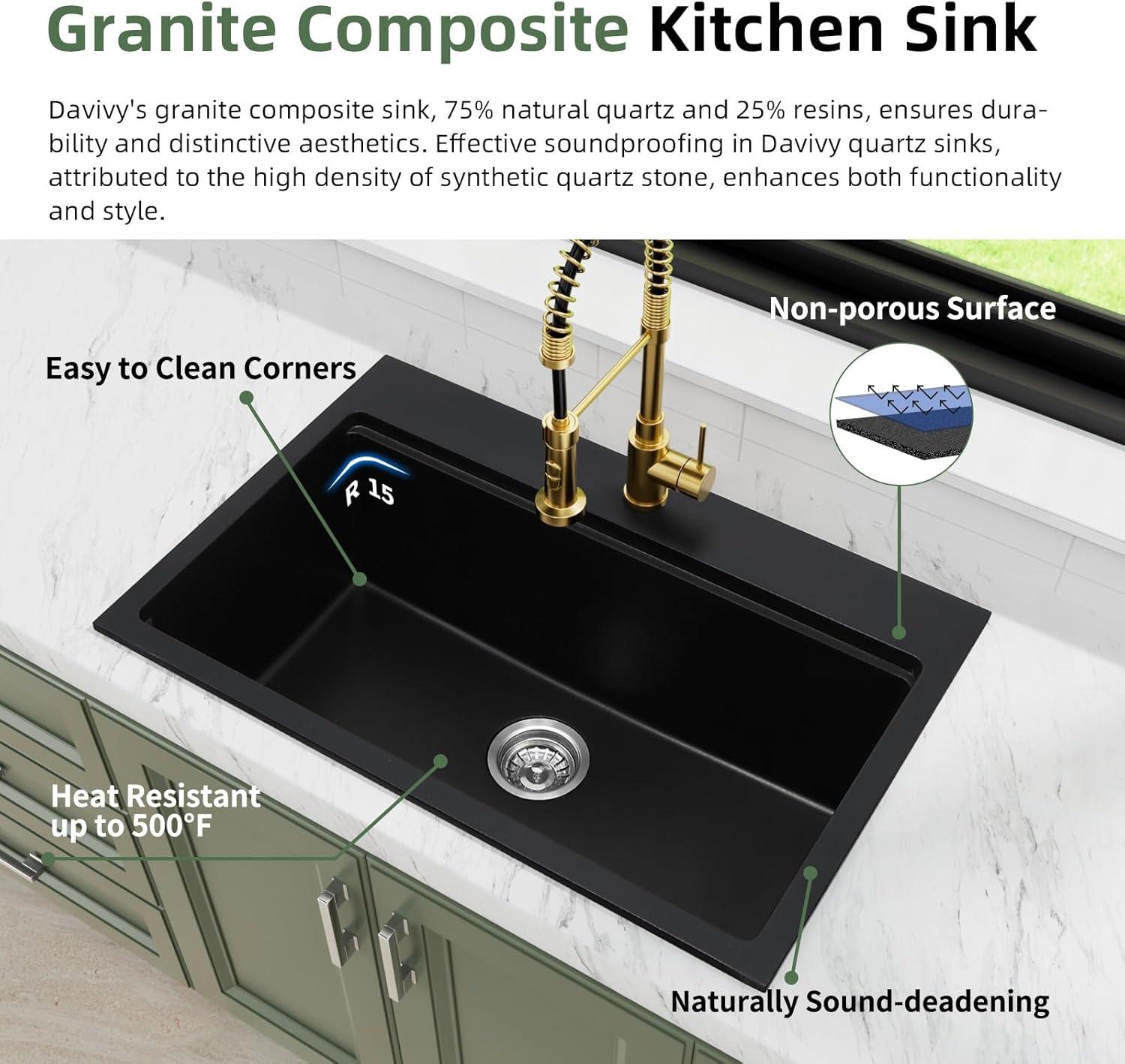 Davivy 33 Inch Black Granite Composite Kitchen Sink Workstation, 33 X 22 Quartz Composite Dual Mount Sink, Matte Black Composite Single Bowl Sink