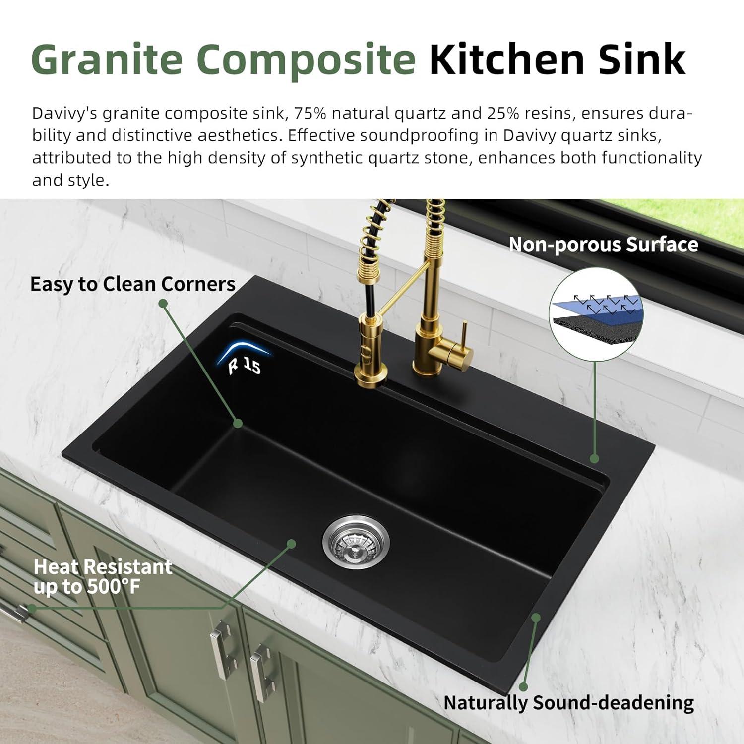 Davivy 33 Inch Black Granite Composite Kitchen Sink Workstation, 33 X 22 Quartz Composite Dual Mount Sink, Matte Black Composite Single Bowl Sink