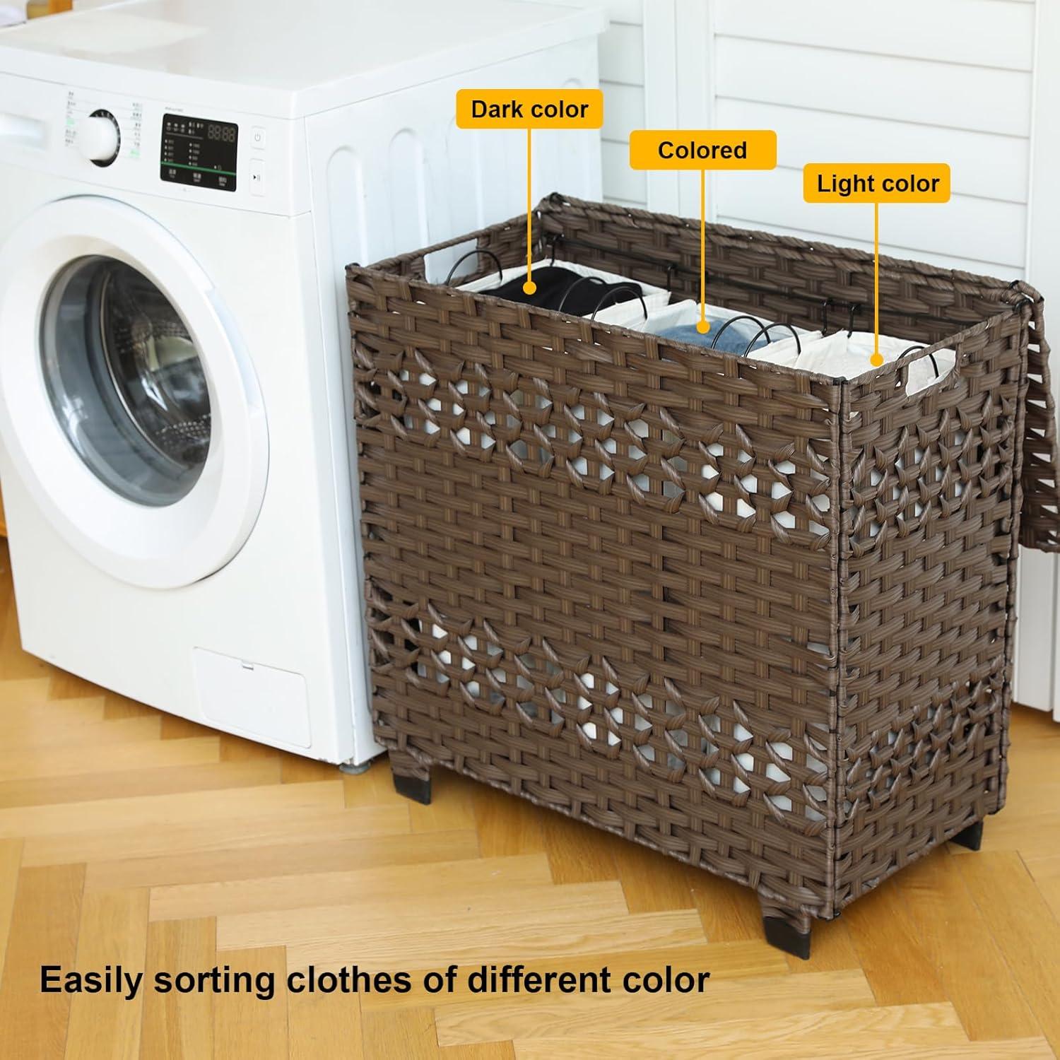 OIAHOMY Laundry Hamper with Lid, 140L Clothes Hamper with 3 Removable Liner Bags, Foldable Basket with Lid, Synthetic Wicker Laundry Basket for Bedroom, 27x 13 x 26 Inches, Brown