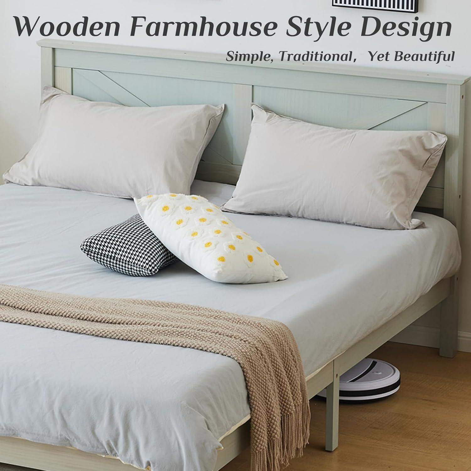 Gray Wood Bed Frame Queen Size Platform Bed with Headboard