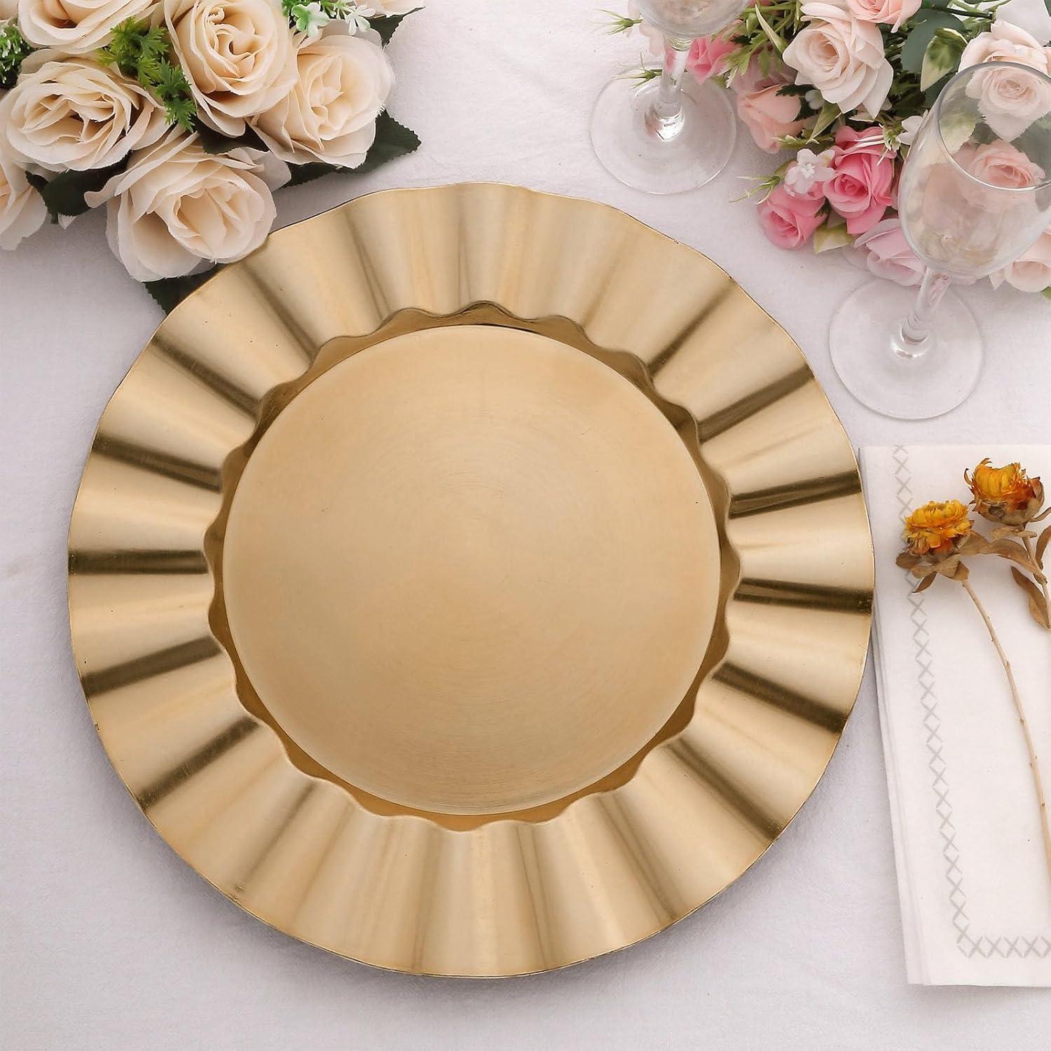 Efavormart 6 Pack | 13" Gold Acrylic Plastic Dinner Plate Chargers With Gold Brushed Wavy Scalloped Rim