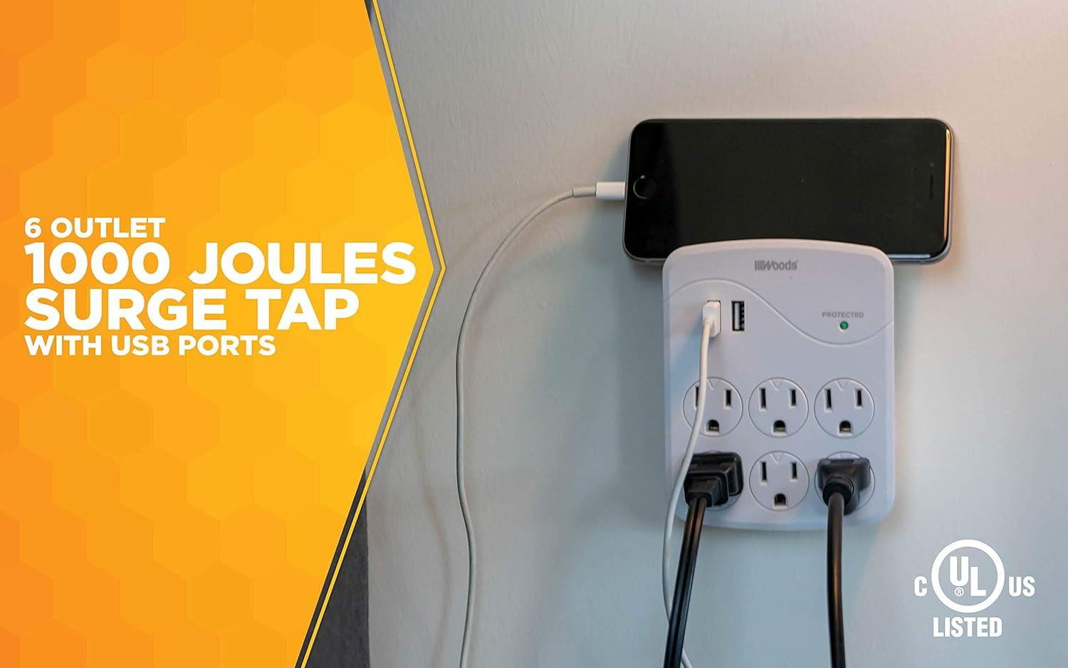 Woods 41076 Surge Protector with 6 Power, 6-Outlet 1440J of Protection