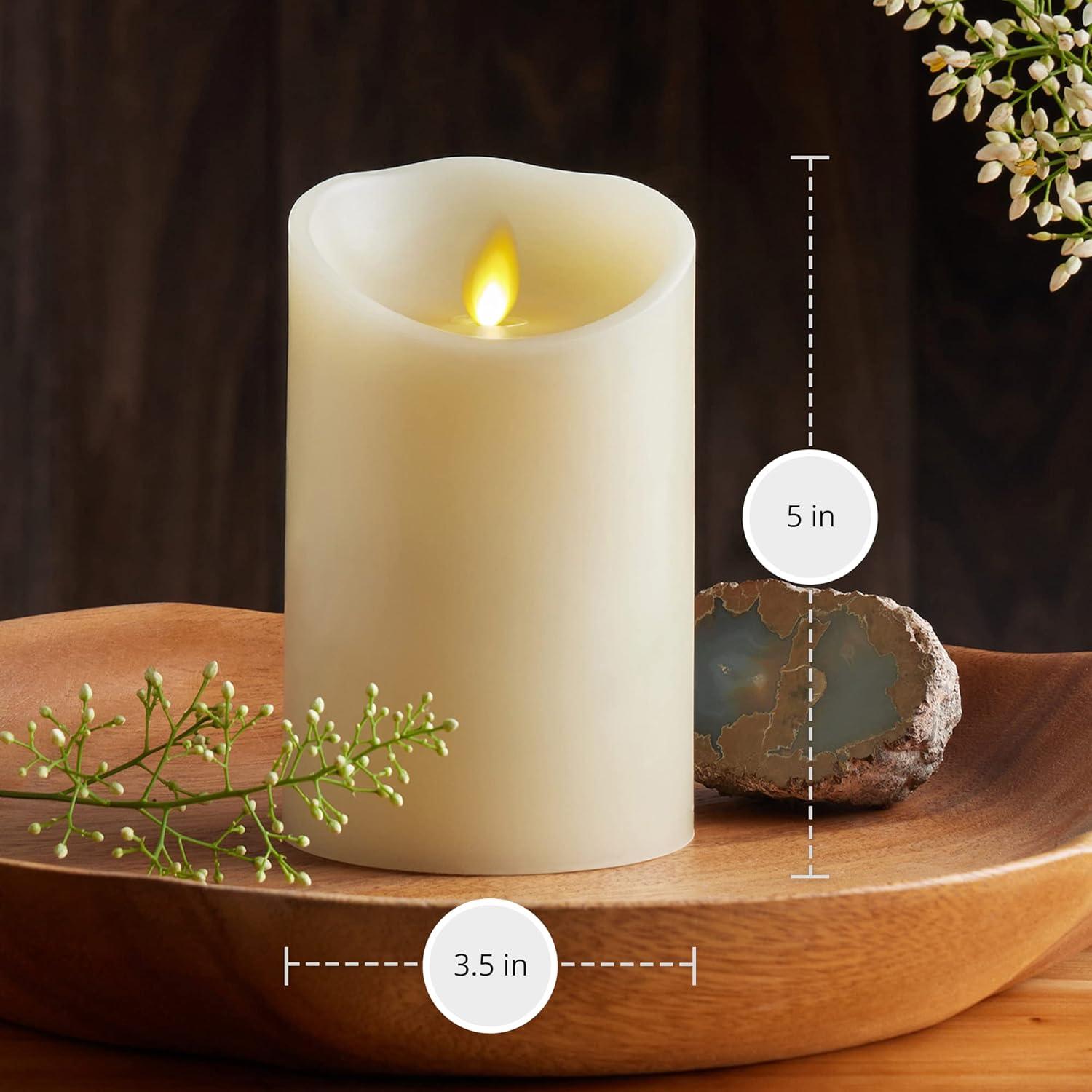 Luminara Realistic Artifical Flame Classic Pillar LED Candle - Moving Flame LED Battery Operated Lights - Unscented - Remote Ready - Ivory - 4" x 9"