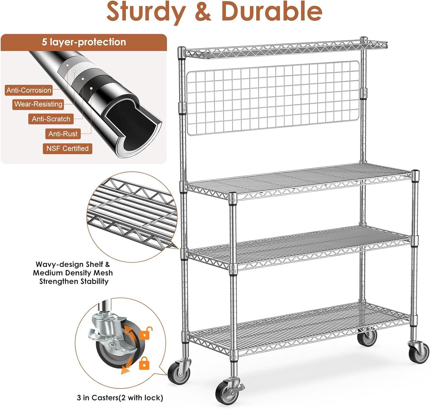 Leteuke Bakers Rack with Storage & Wheels, 42 Inch Microwave Stand Kitchen Shelves, 4-Tier Heavy Duty Storage Rack with 20 S-Hooks, Commercial Metal Utility Kitchen Cart, 42× 18× 63 Inch, Chrome