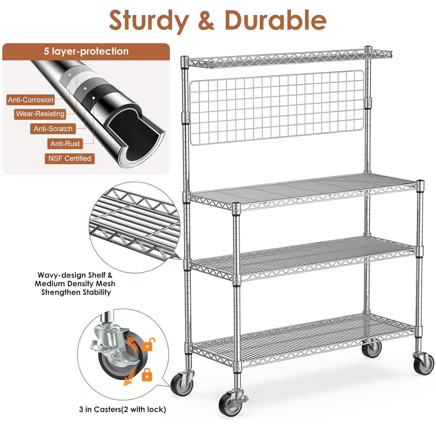 Leteuke Bakers Rack with Storage & Wheels, 42 Inch Microwave Stand Kitchen Shelves, 4-Tier Heavy Duty Storage Rack with 20 S-Hooks, Commercial Metal Utility Kitchen Cart, 42× 18× 63 Inch, Chrome