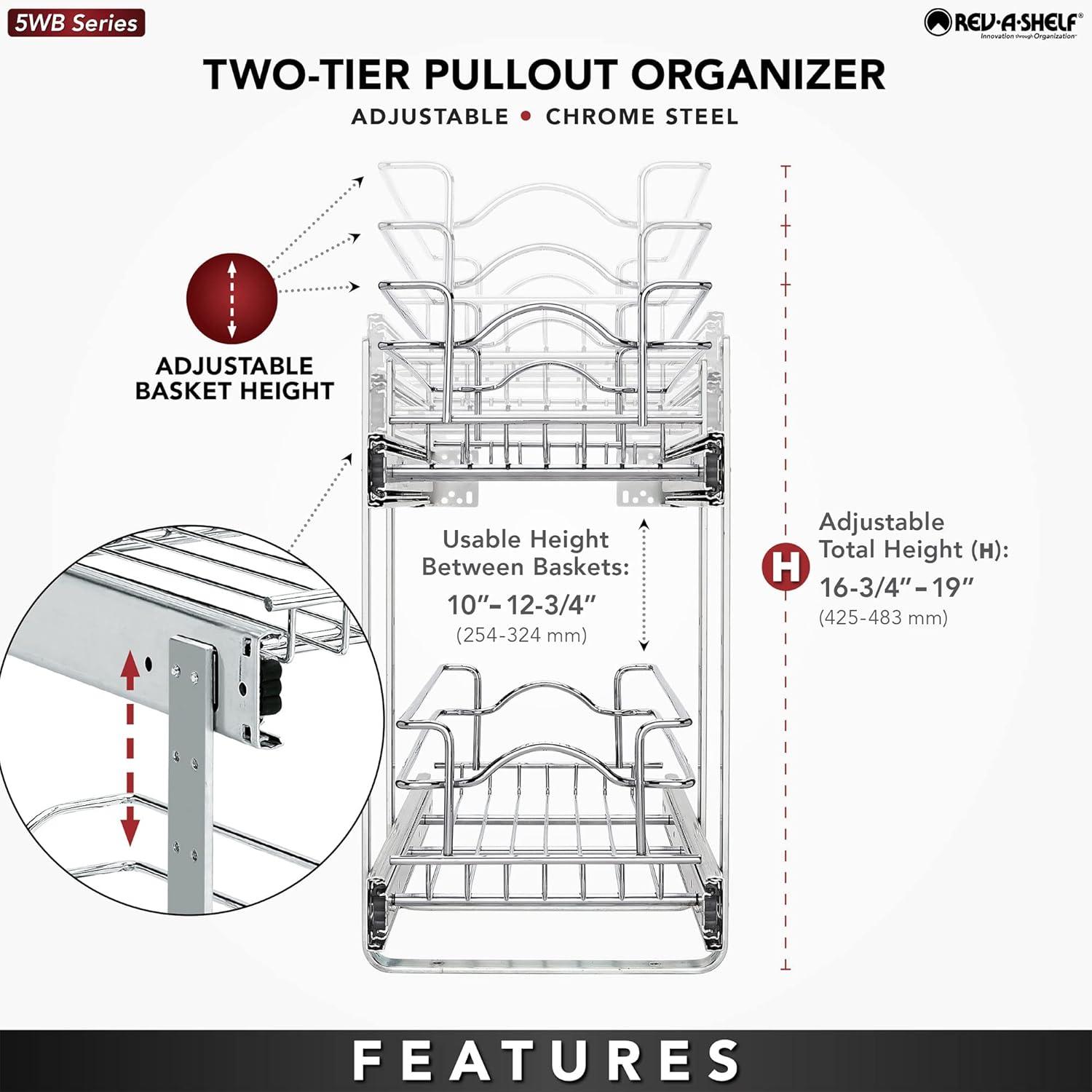 Rev-A-Shelf 5WB2 2-Tier Wire Basket Pull Out Shelf Storage for Kitchen Base Cabinet Organization, Chrome