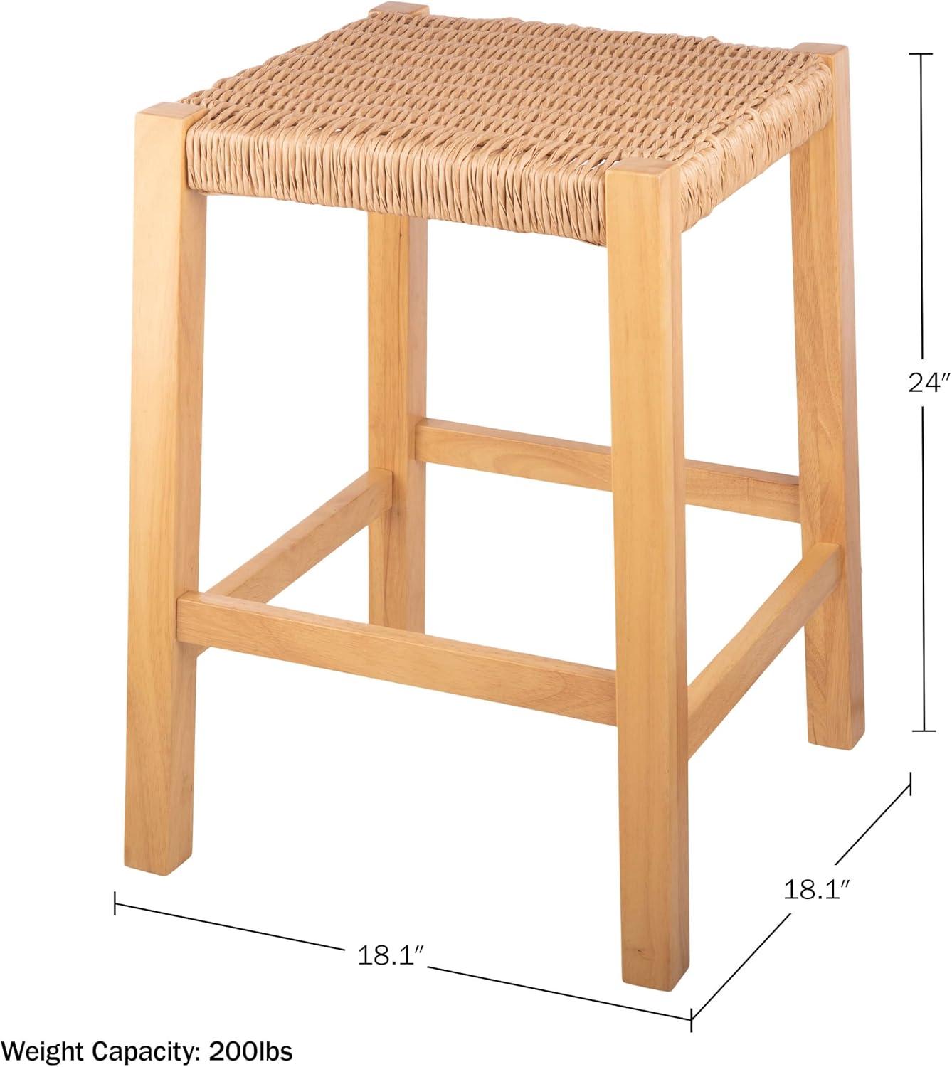 Natural Wood Backless Counter Stool with Woven Seagrass Seat