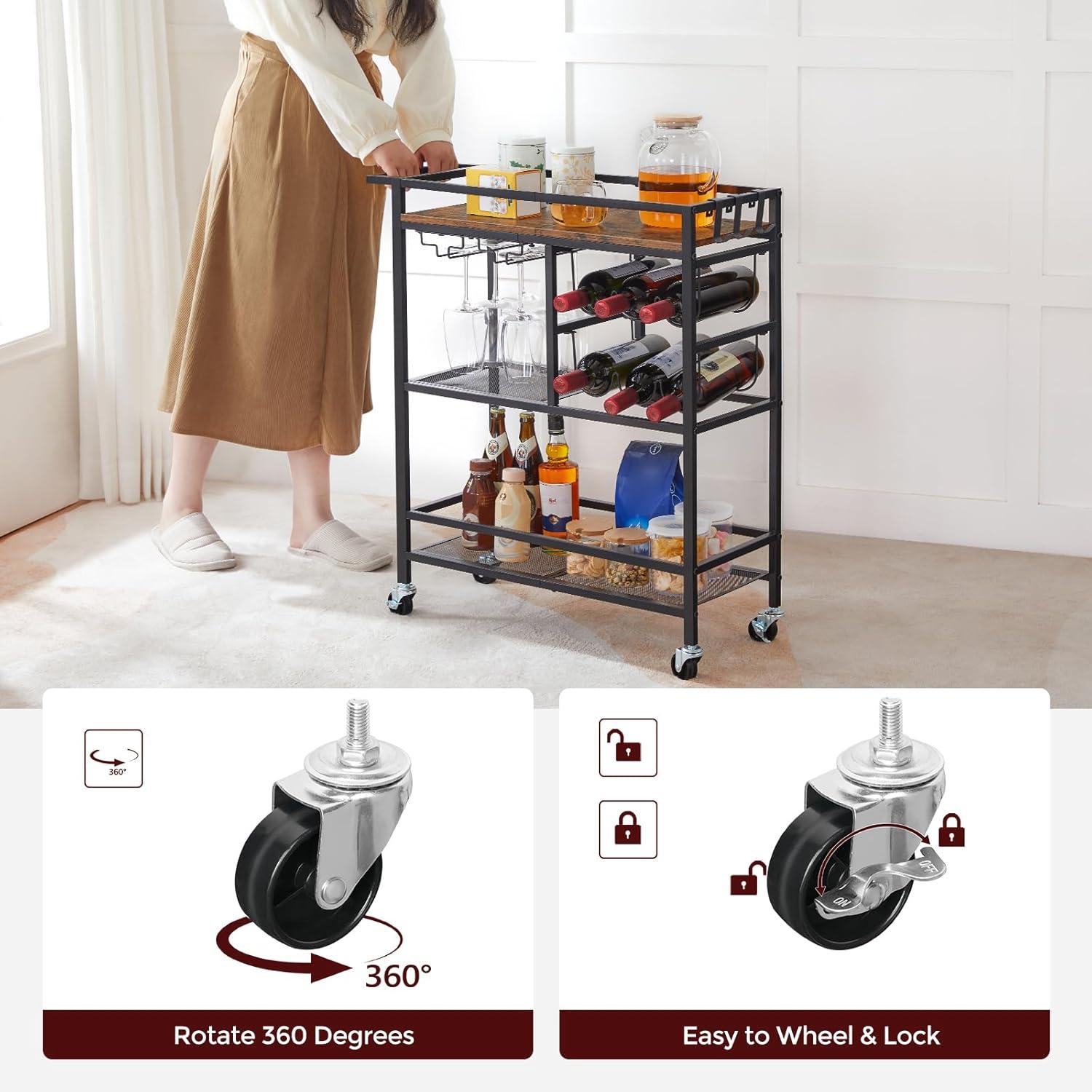 Bar Cart for Home, 3-Tier Serving Cart with Wheels and Handle, Beverage Cart with Wine Rack and Glass Holders, Rolling Wine Cart for Kitchen, Dining Room, Rustic Brown RCHR6101