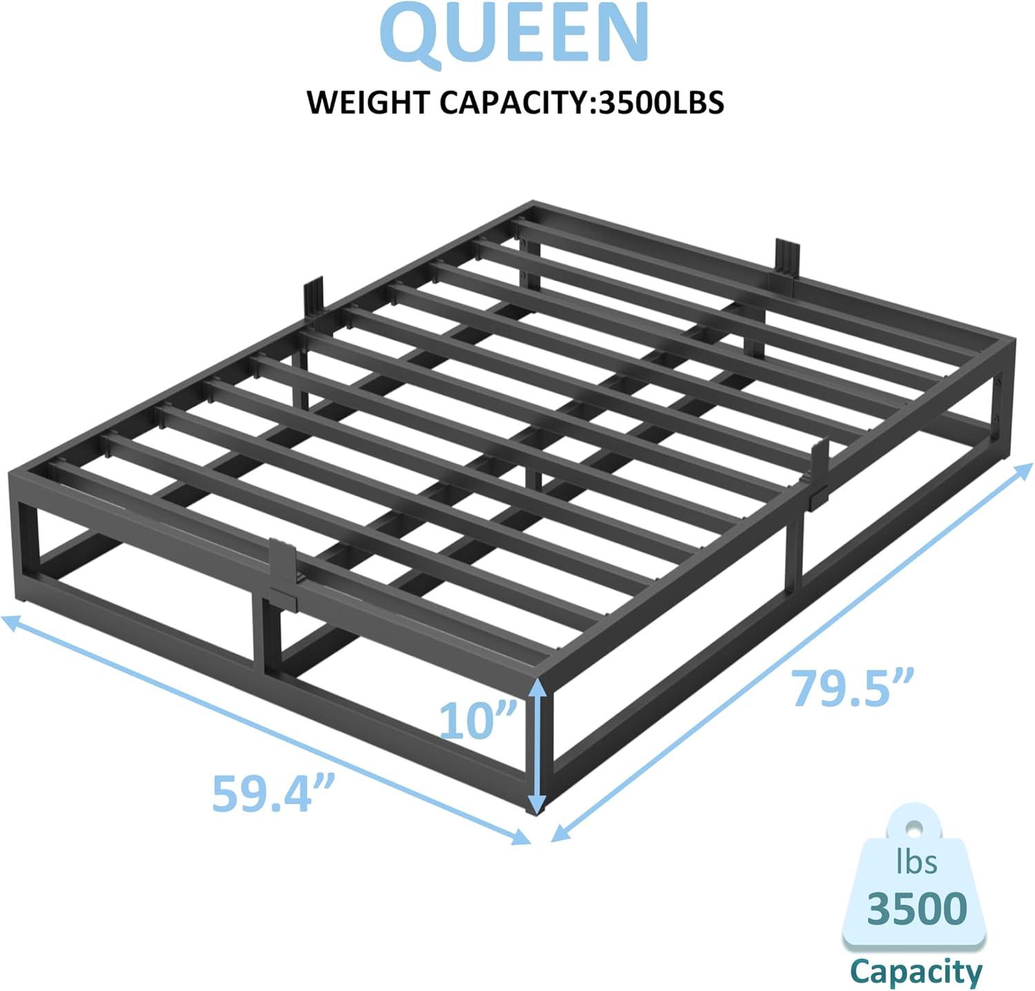 10 Inch Queen Bed Frame with Steel Slat Support, Low Profile Queen Metal Platform Bed Frame Support Mattress Foundation, No Box Spring Needed / Easy Assembly / Noise Free