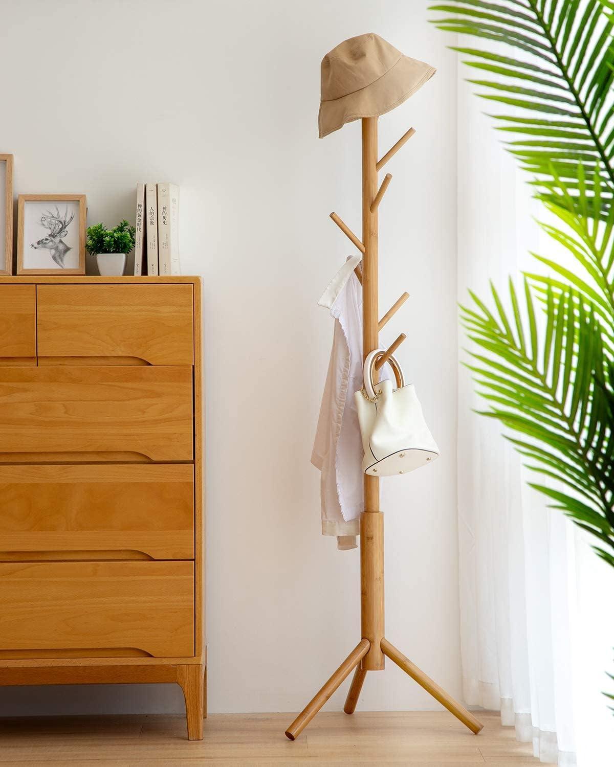 Adjustable Bamboo Freestanding Coat Rack with 8 Hooks