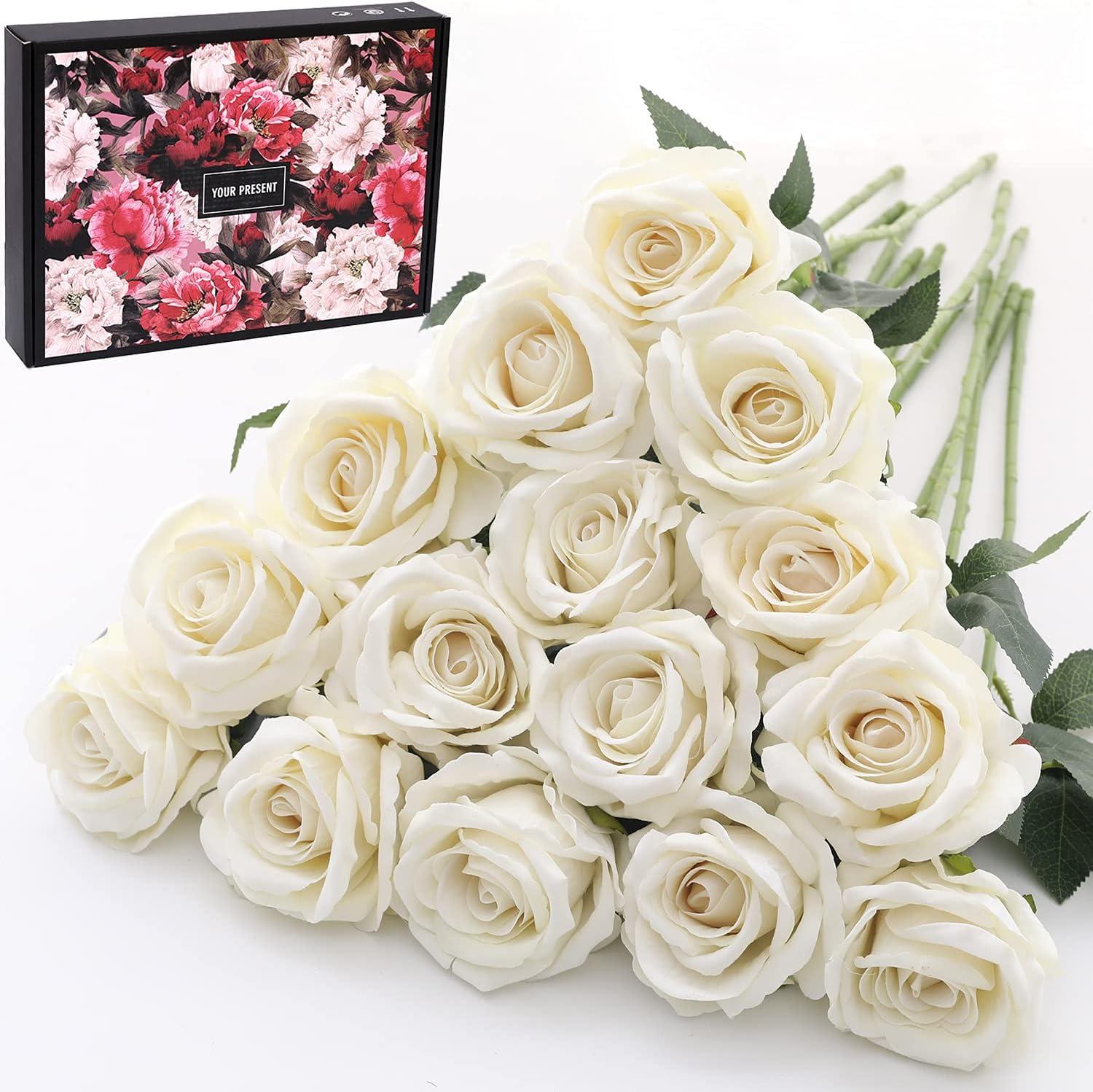 Cream White Artificial Silk Roses with Plastic Stems, 15-Piece Set