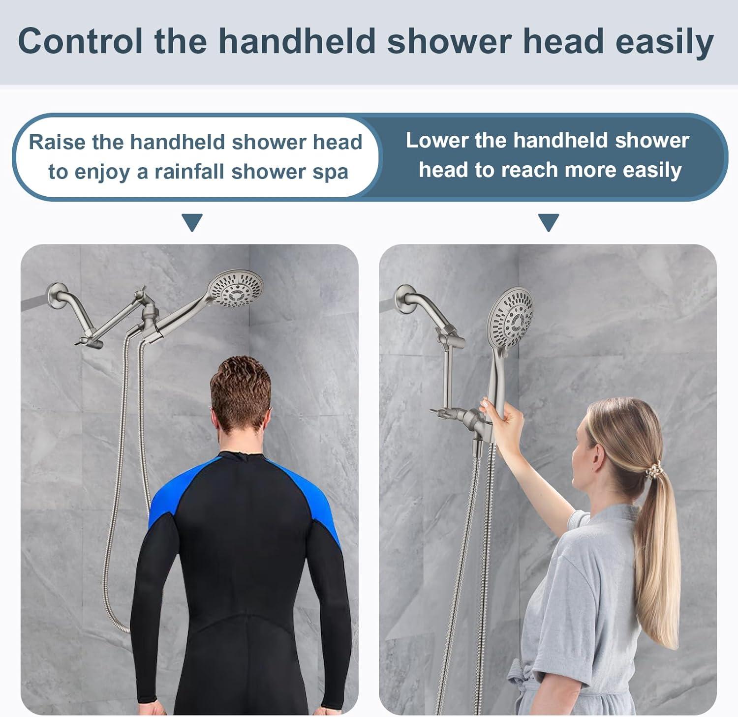 BRIGHT SHOWERS Brass Shower Arm Extender for Rain and Handheld Shower Head, 5 Inch Universal Shower Head Extension Arm, Height & Angle Adjustable, Brushed Nickel