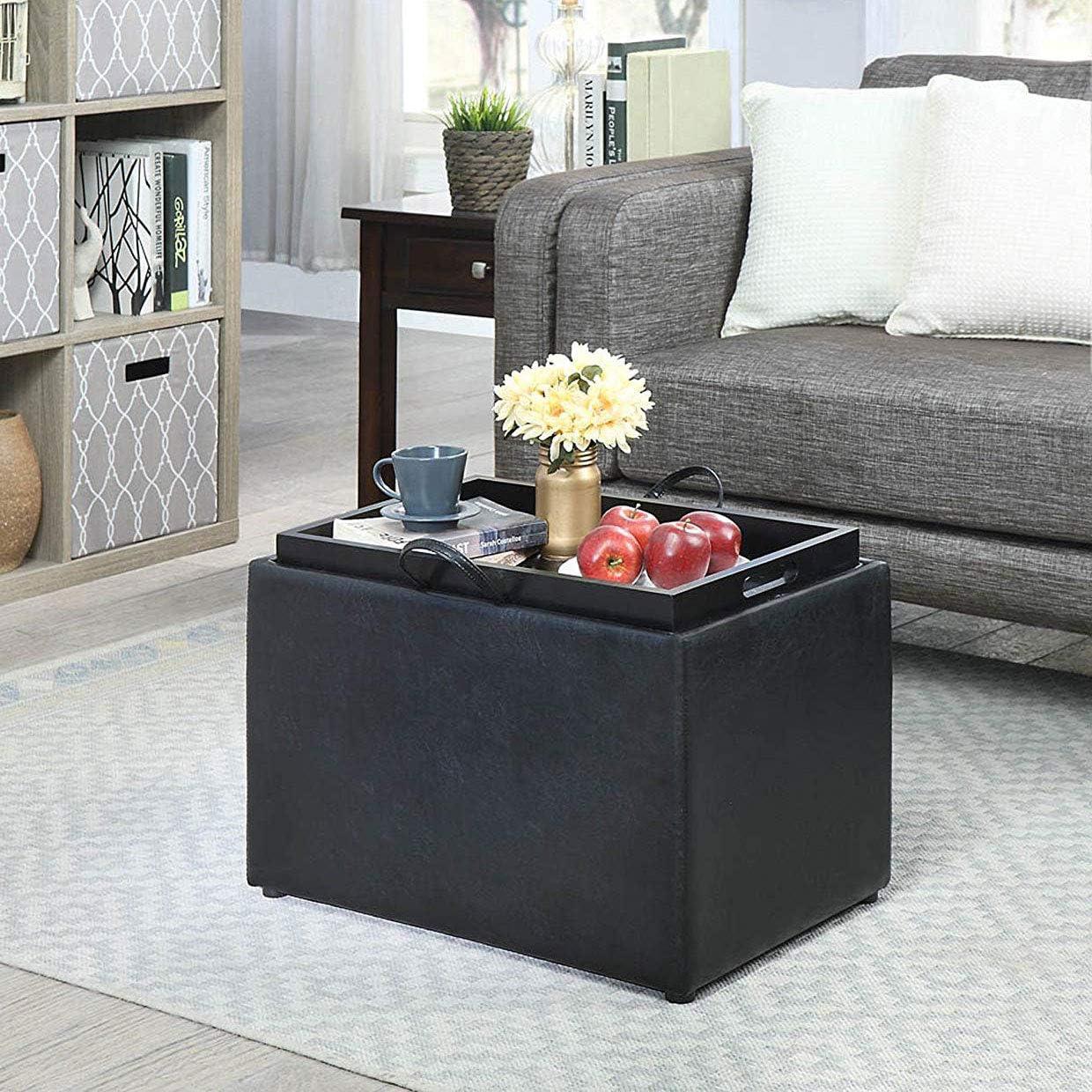 U-SHARE Designs4Comfort Accent Storage Ottoman 22.75" - Modern Foot Stool with Decorative Tray for Living Room, Dining Room, Office, Black Faux Leather