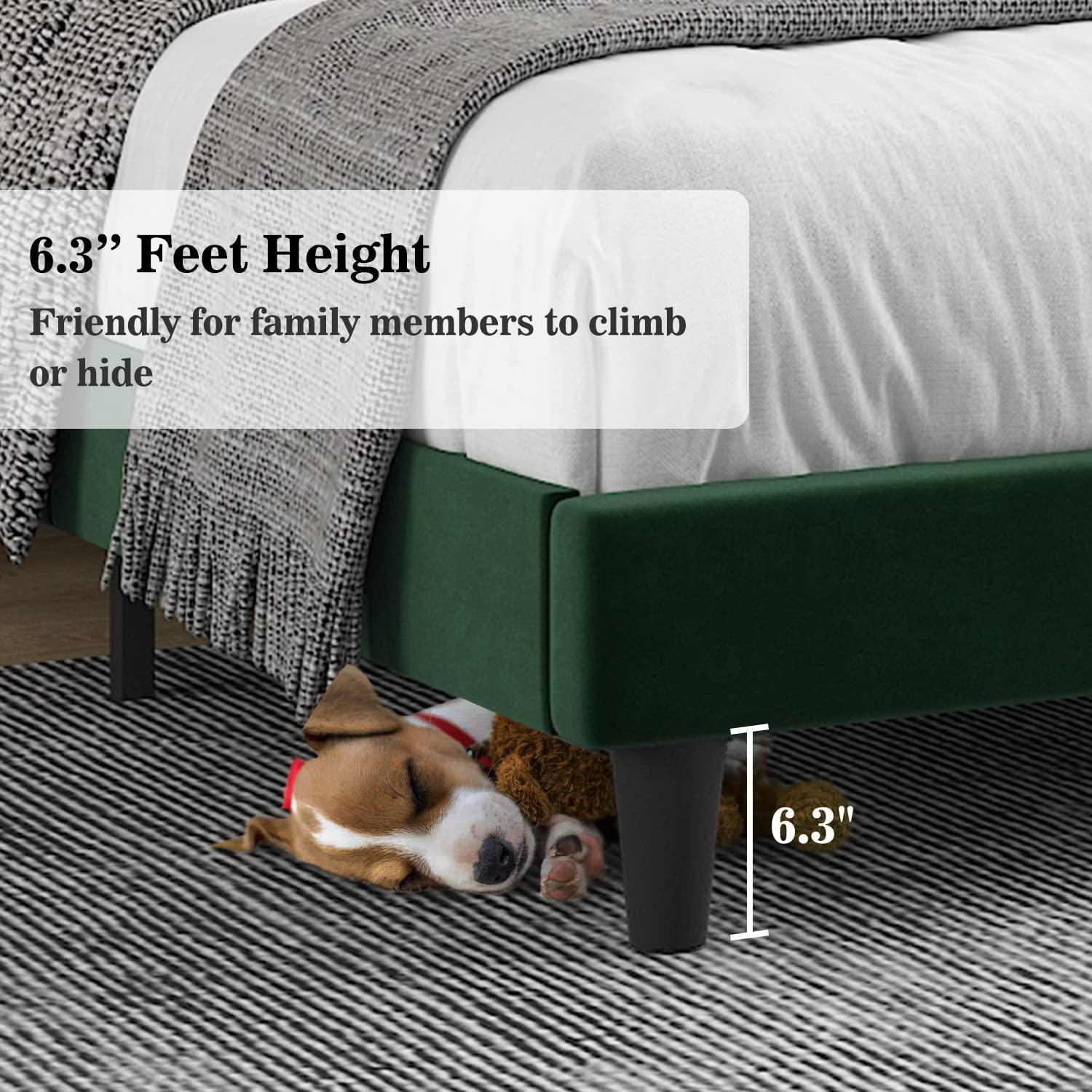 Einfach Queen Size Platform Bed Frame with Upholstered Velvet Vertical Headboard, Green