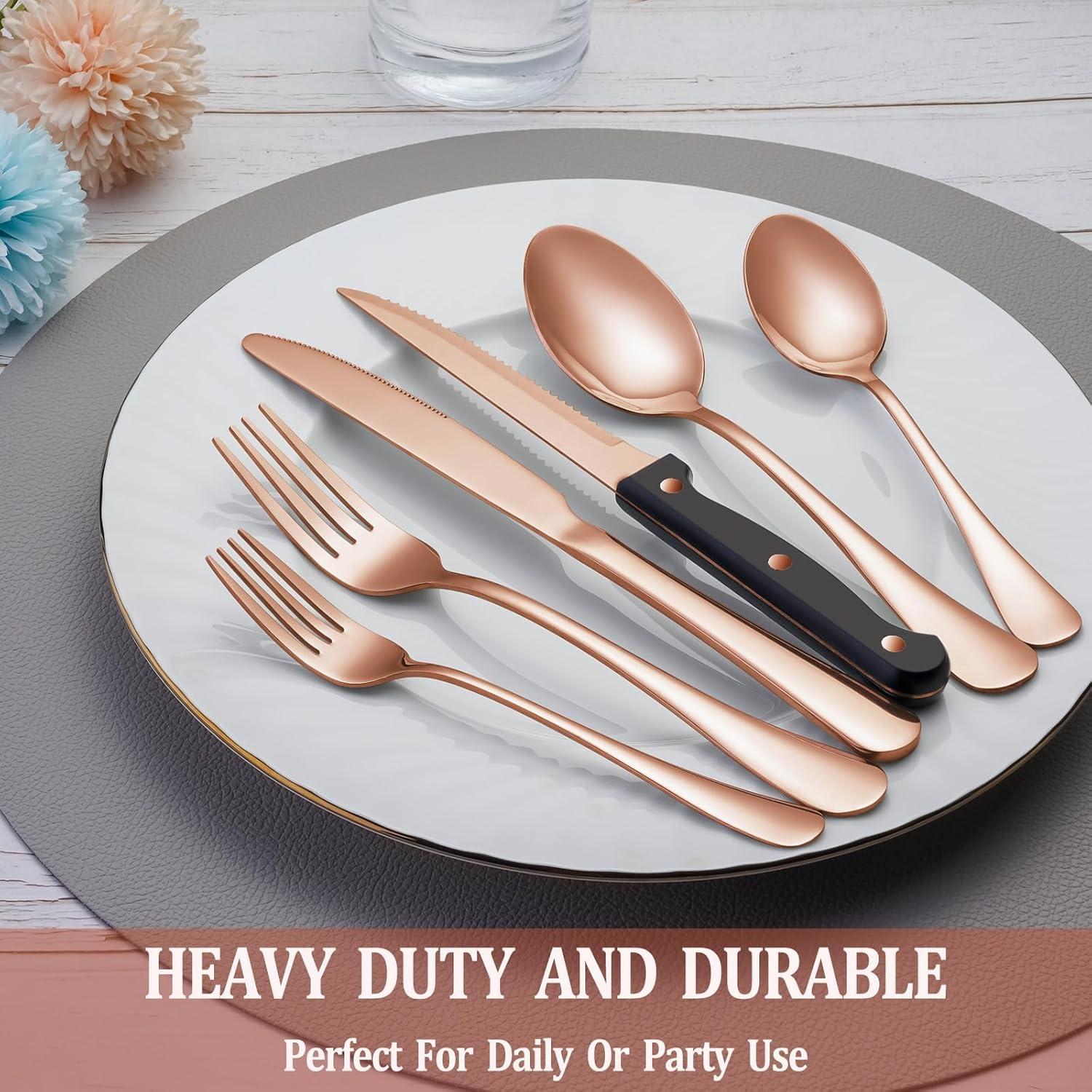 24-Piece Rose Gold Stainless Steel Flatware Set with Steak Knives