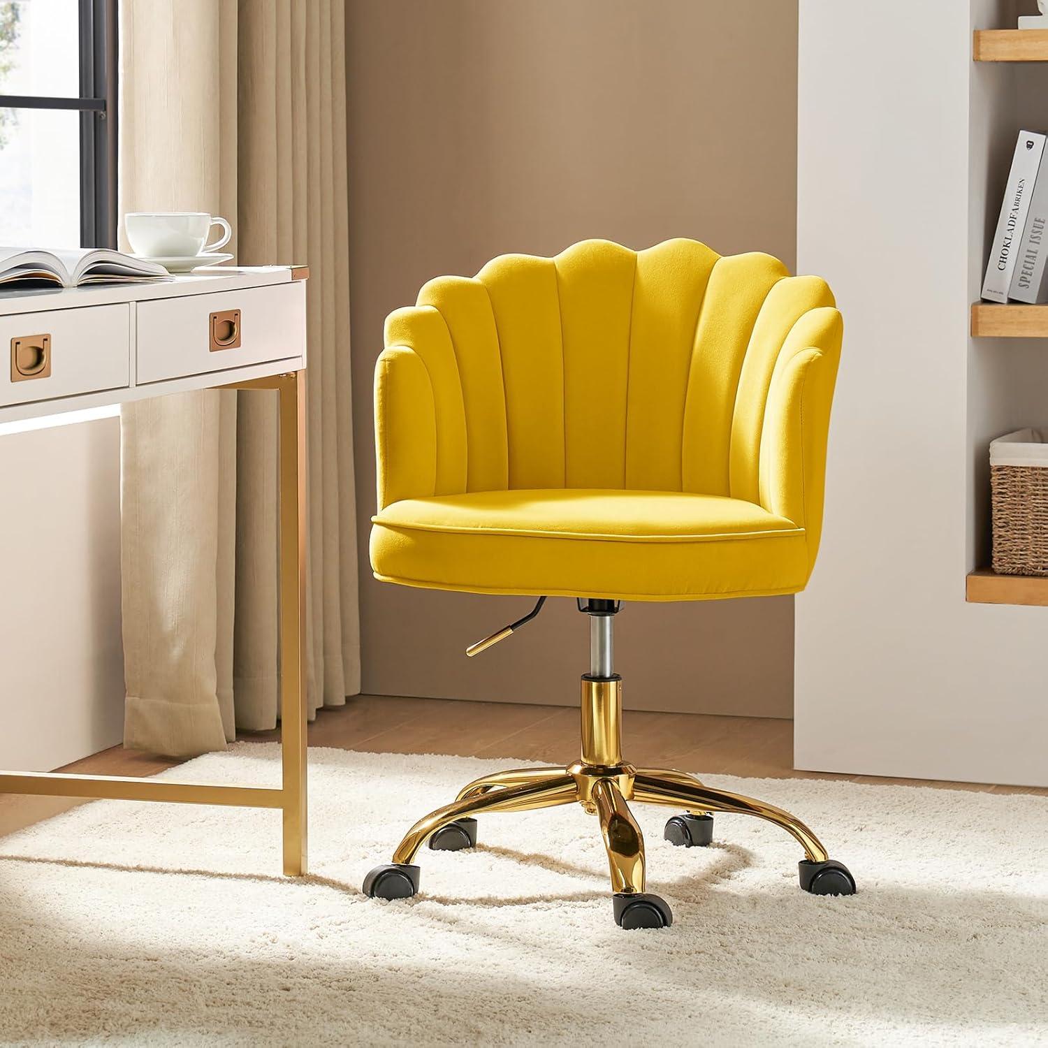 HULALA HOME Velvet Home Office Desk Chair, Modern Shell Back Makeup Vanity Chair with Wheels, Swivel Height Adjustable Cute Task Chair for Women Girls, Yellow