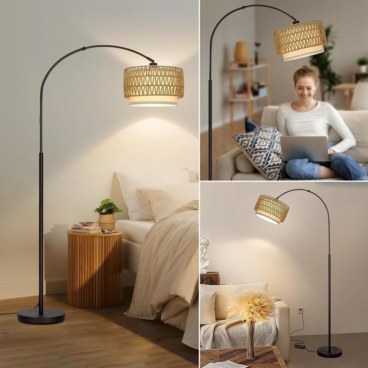 Rattan Floor Lamp, Dimmable Arc Floor Lamps for Living Room, Boho Farmhouse Standing Lamp with Adjustable Head, Tall Pole Lamp Reading Light for Bedroom, Over Couch, Office, 9W LED Bulb Included