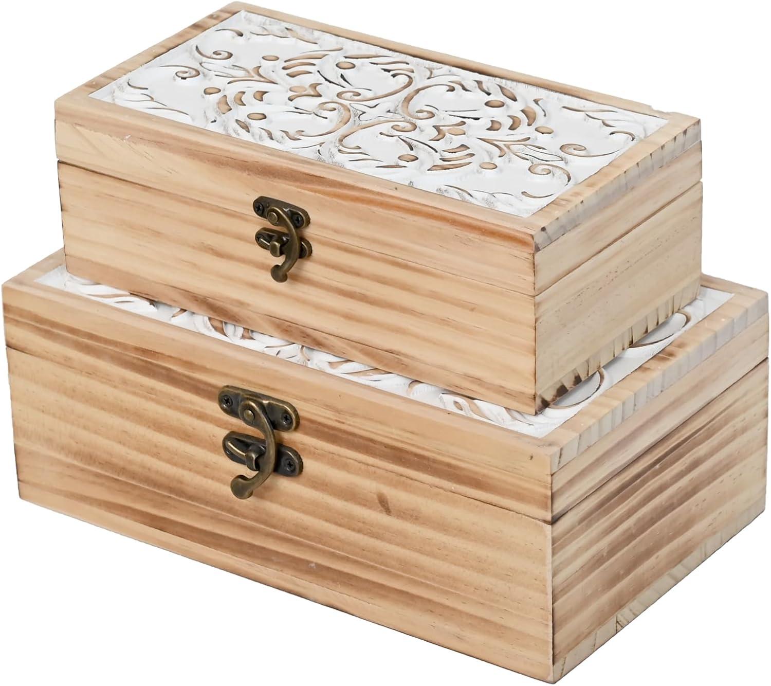 Wooden Box Set of 2 - Rustic Farmhouse Decorative Boxes with Hinged Lid and Carved Design