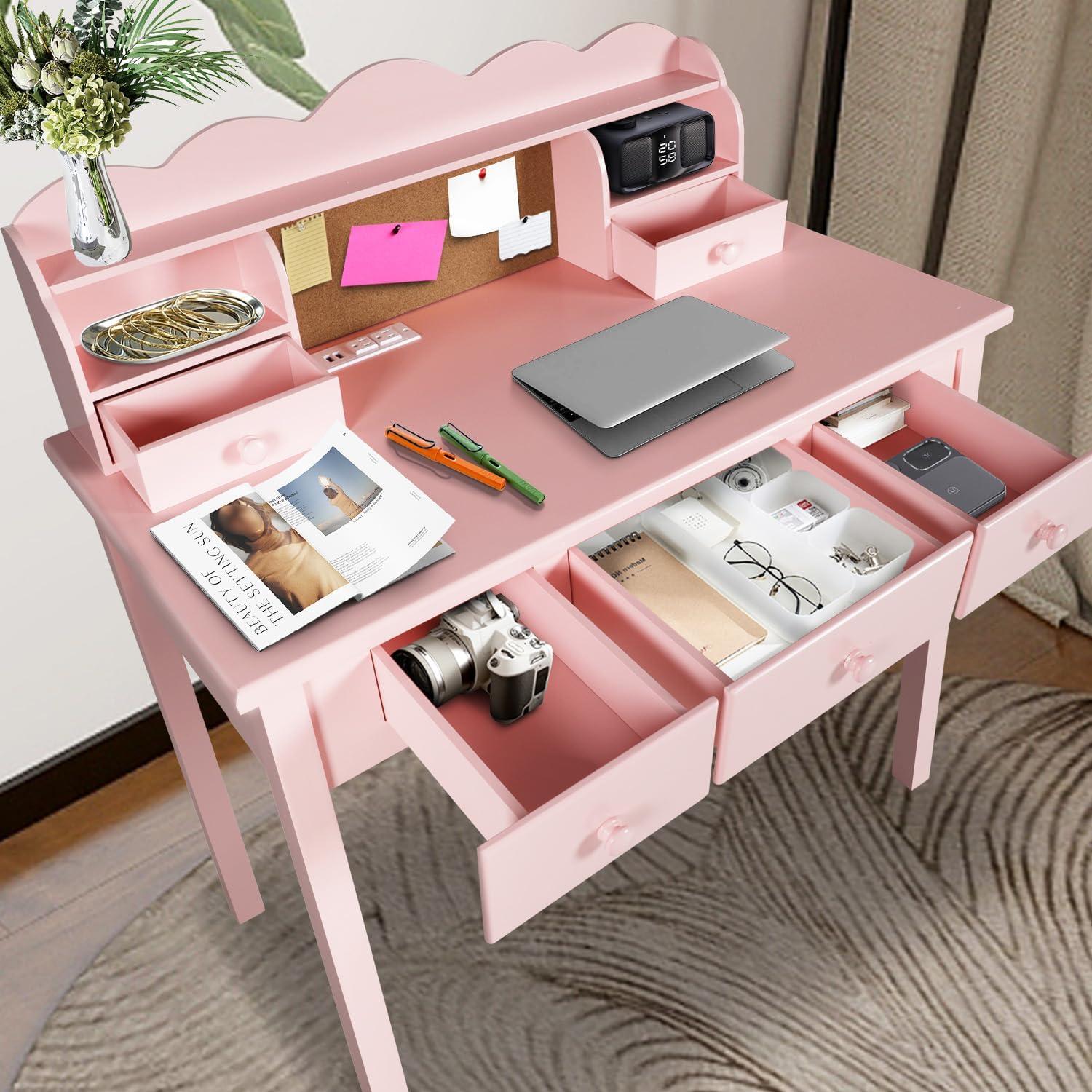 Pink Wooden Writing Desk with Hutch and Drawers