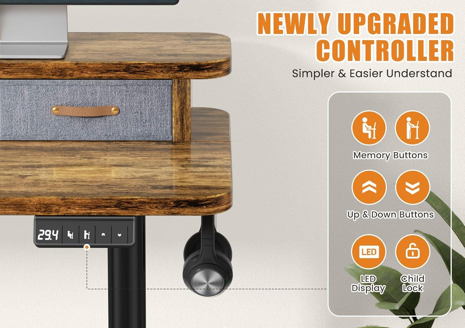 Agilestic Adjustable Height Electric Standing Desk with Storage Wooden Drawer, 55 x 24 Inches Stand Up Home Office Computer Gaming Table for Work Office Home, Rustic Brown