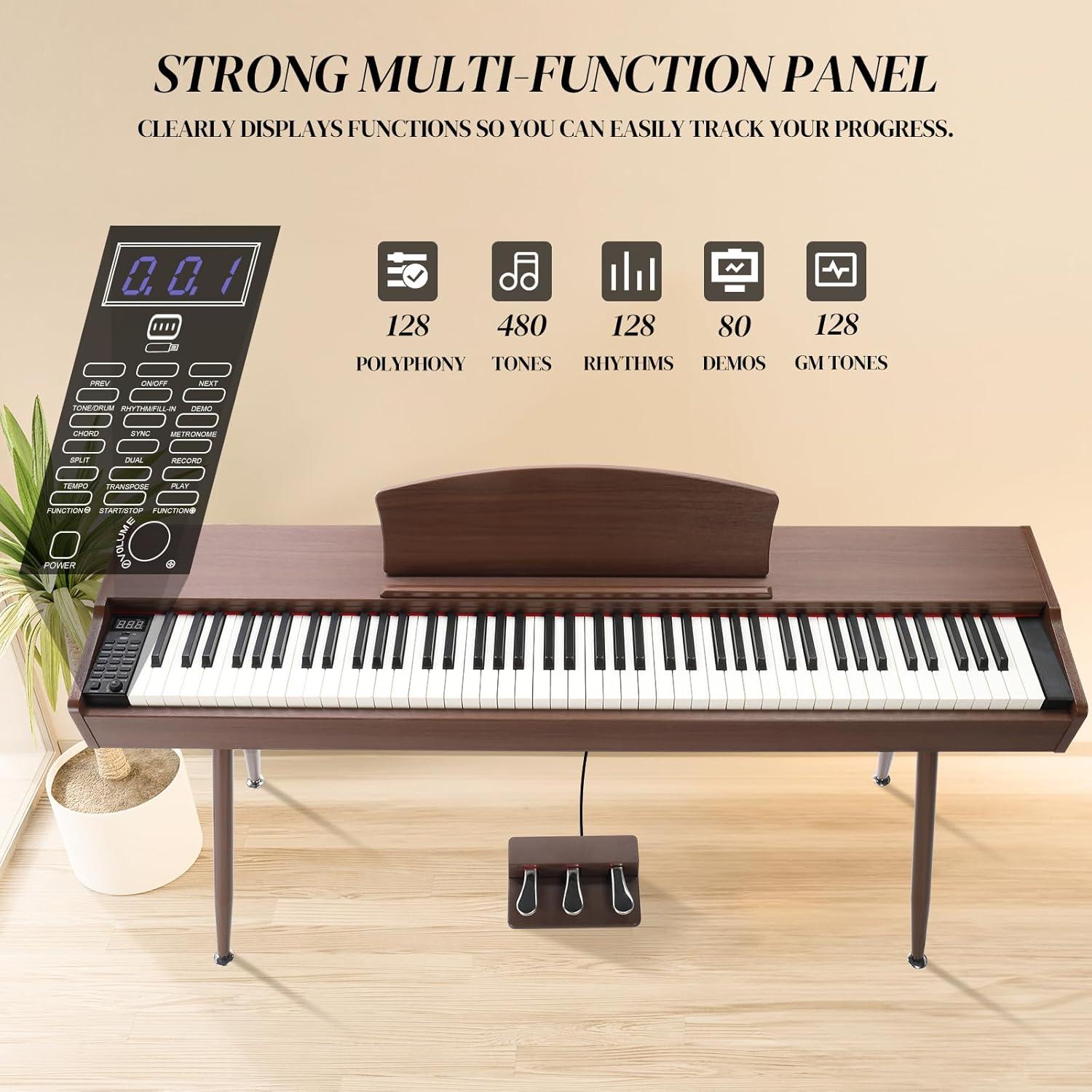 Ktaxon 88 Key Keyboard Piano Weighted Action Electronic Keyboard, Digital Piano with 3-Pedal Unit, Removable Music Stand, Stereo Headphone, Retro Dustproof Cloth and MIDI Connection