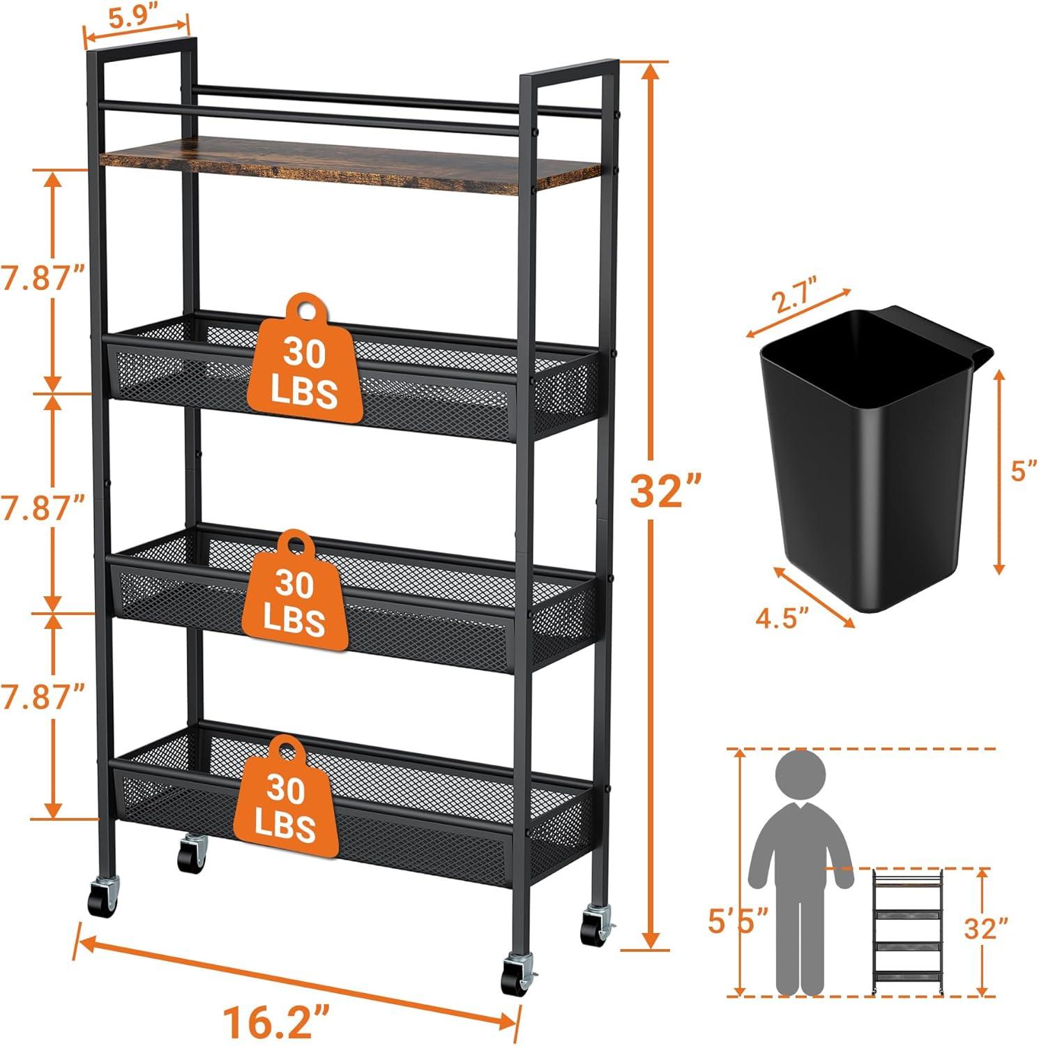 Slim Black Metal and Wood 4-Tier Kitchen Cart