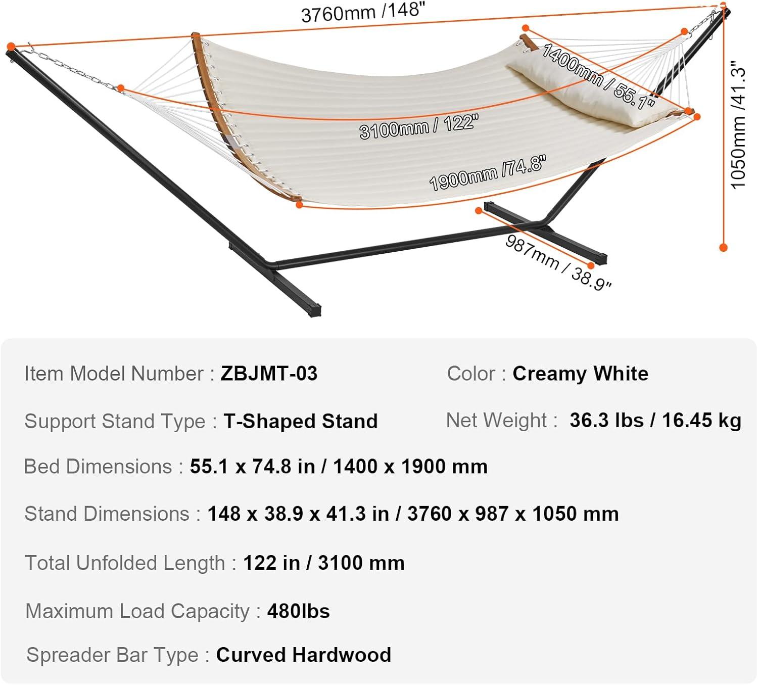 Cream Double Quilted Fabric Hammock with Bamboo Spreader Bars and Stand